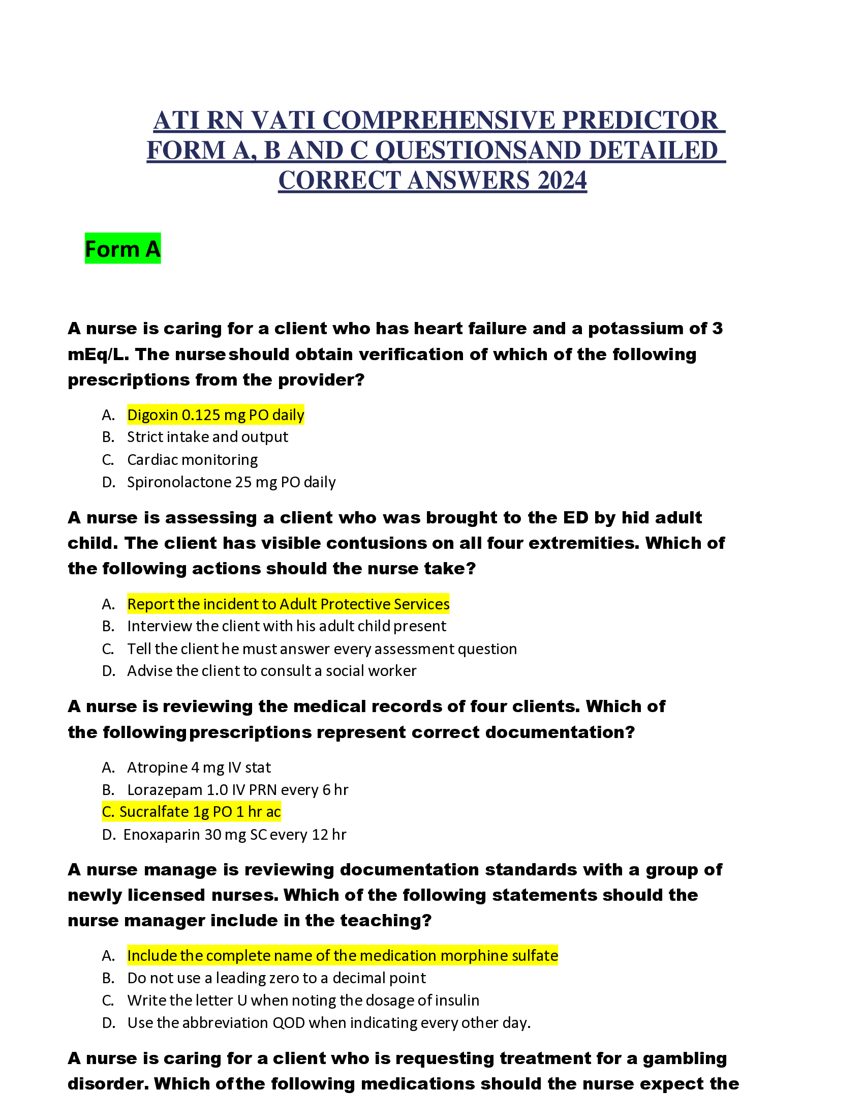 ATI RN VATI COMPREHENSIVE PREDICTOR FORM A, B AND C QUESTIONS AND DETAILED CORRECT ANSWERS 2024
