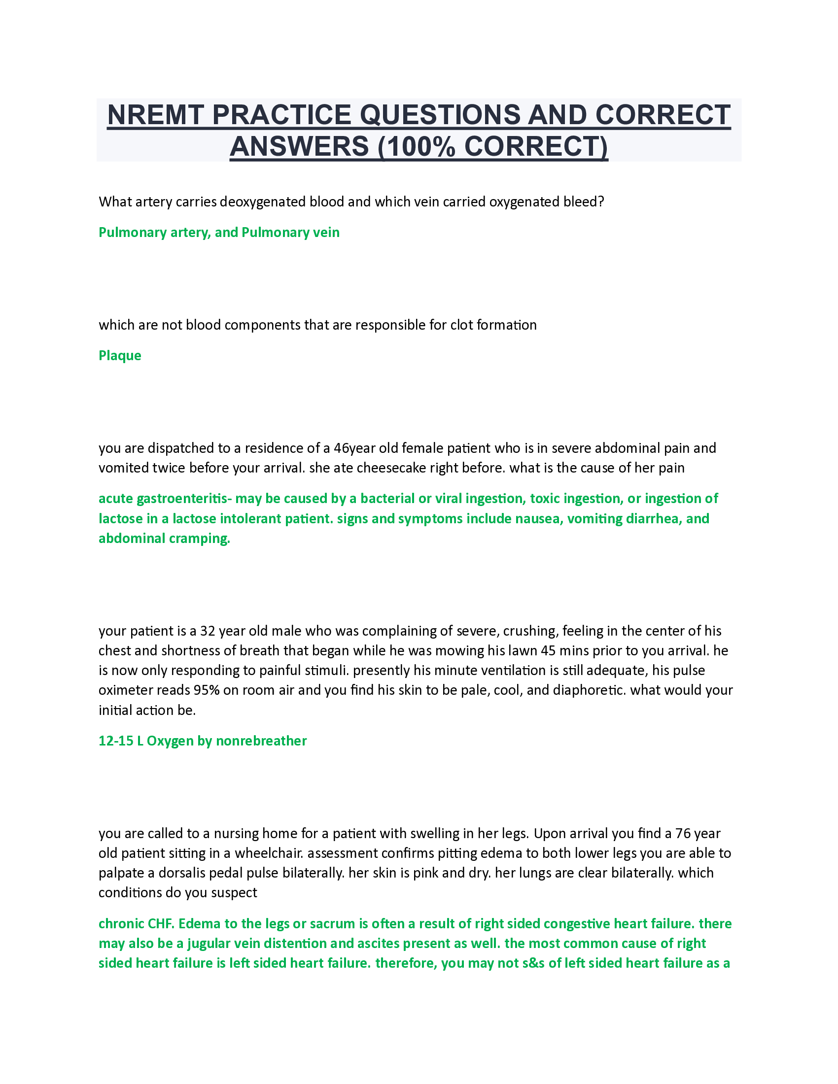 NREMT PRACTICE QUESTIONS AND CORRECT ANSWERS (100 Percent CORRECT)