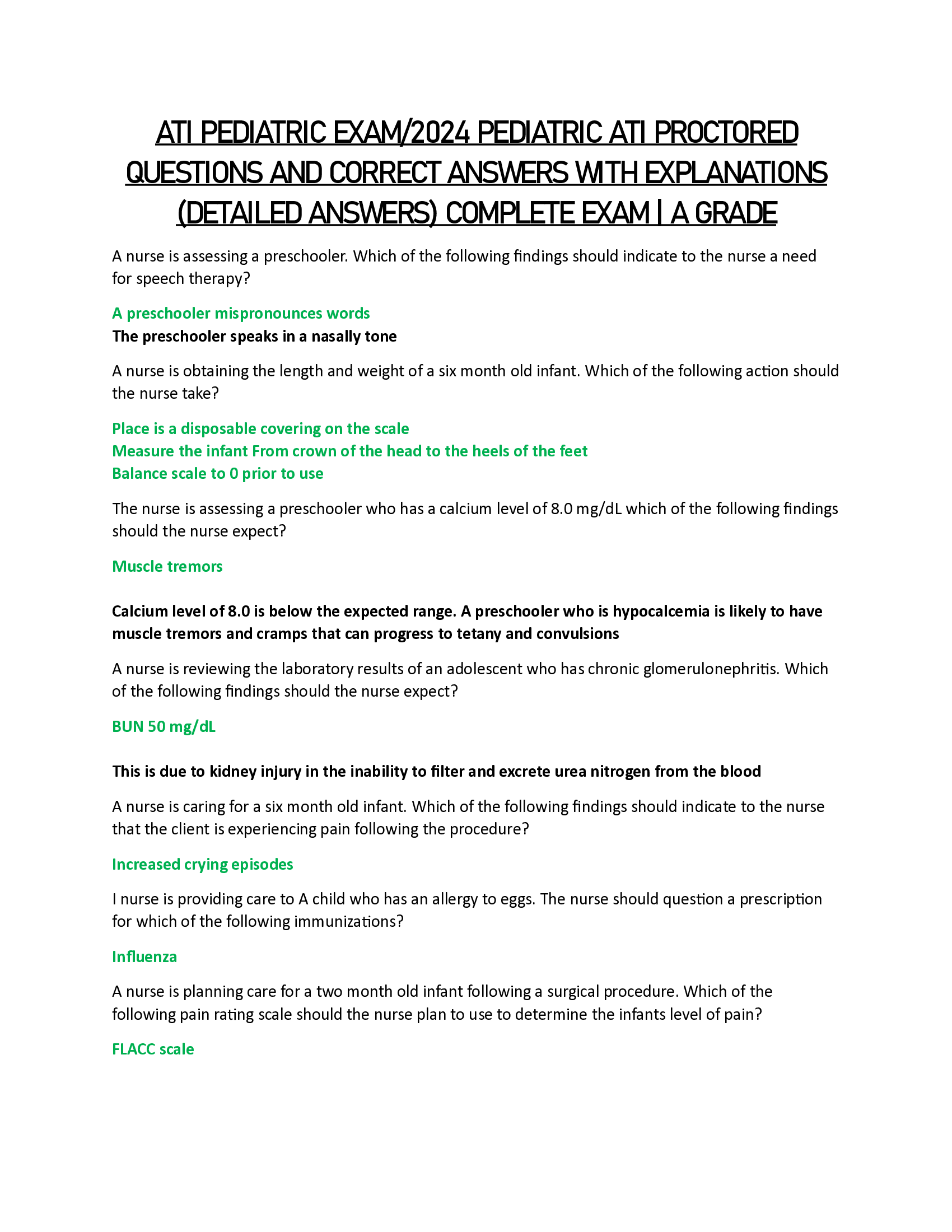 ATI PEDIATRIC EXAM | 2024 PEDIATRIC ATI PROCTORED QUESTIONS AND CORRECT ANSWERS WITH EXPLANATIONS (DETAILED ANSWERS) COMPLETE EXAM | A GRADE