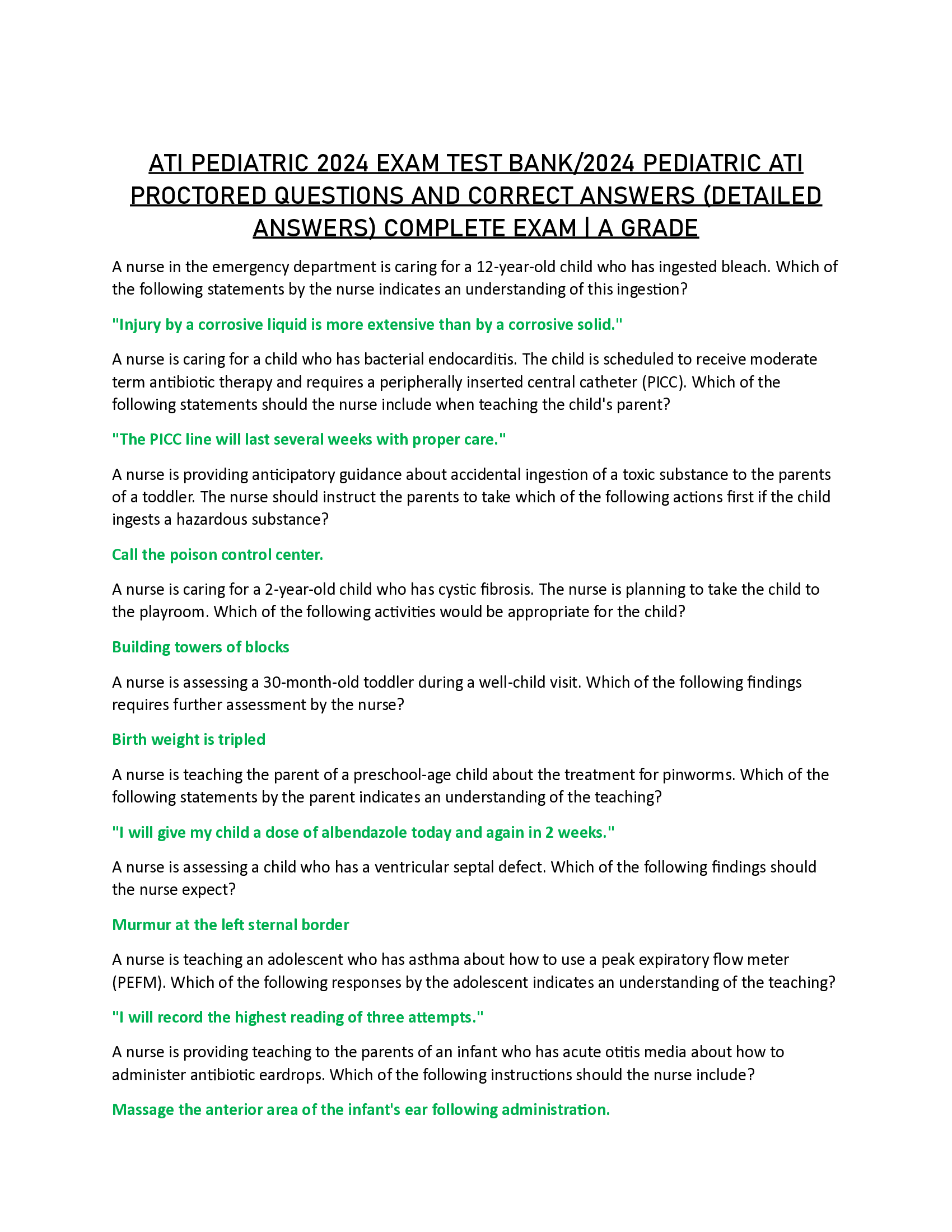 ATI PEDIATRIC 2024 EXAM TEST BANK | 2024 PEDIATRIC ATI PROCTORED QUESTIONS AND CORRECT ANSWERS (DETAILED ANSWERS) COMPLETE EXAM | A GRADE