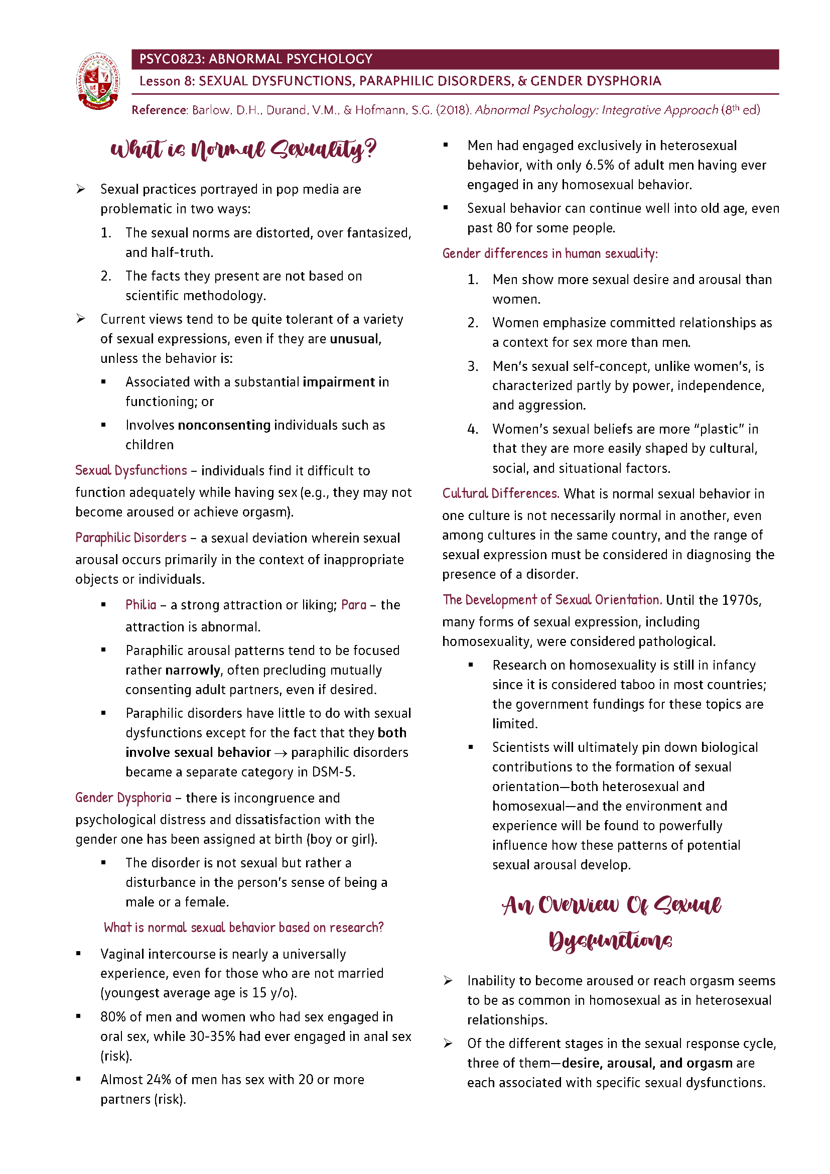 Abnormal Psychology - Sexual Dysfunctions, Paraphilic Disorders, and Gender Dysphoria