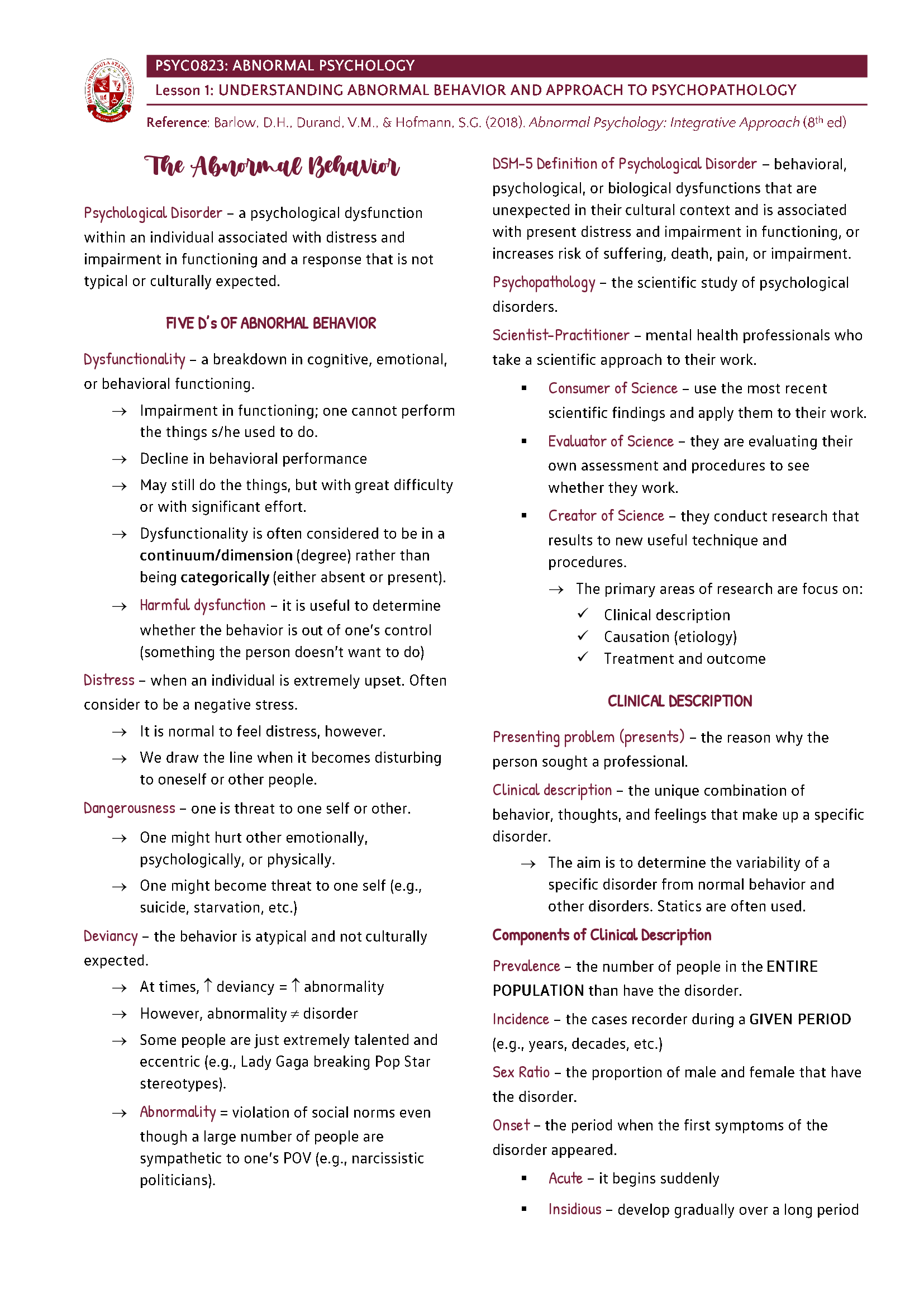 Abnormal Psychology - Understanding Abnormal Behavior and Approach to Psychopathology