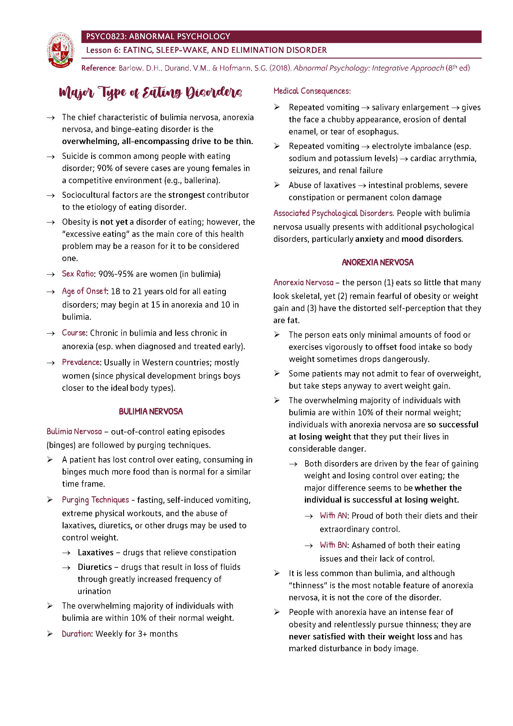 Abnormal Psychology - Eating and Sleep–Wake Disorders