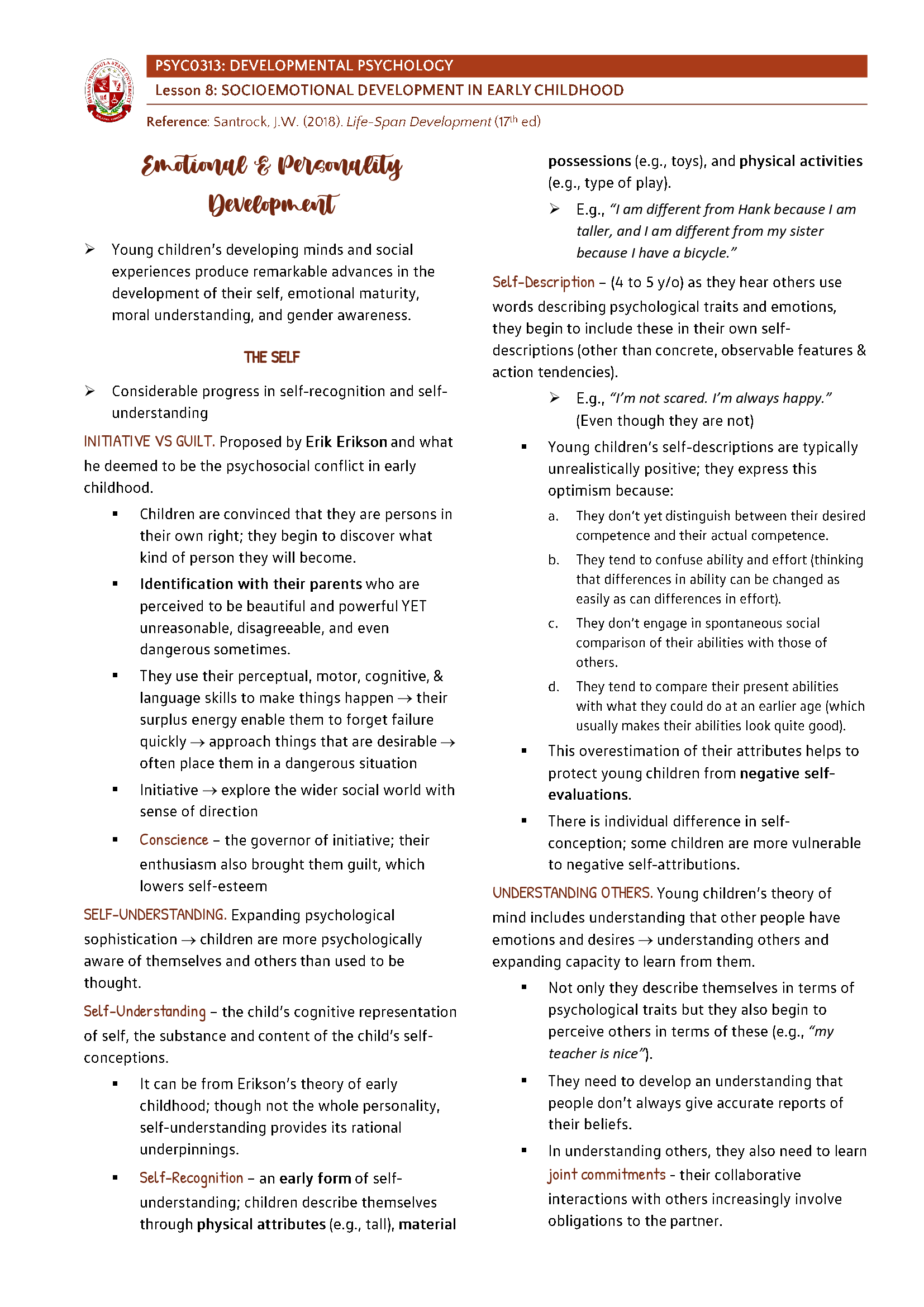 Developmental Psychology - Socioemotional Development in Early Childhood | PSYCO313