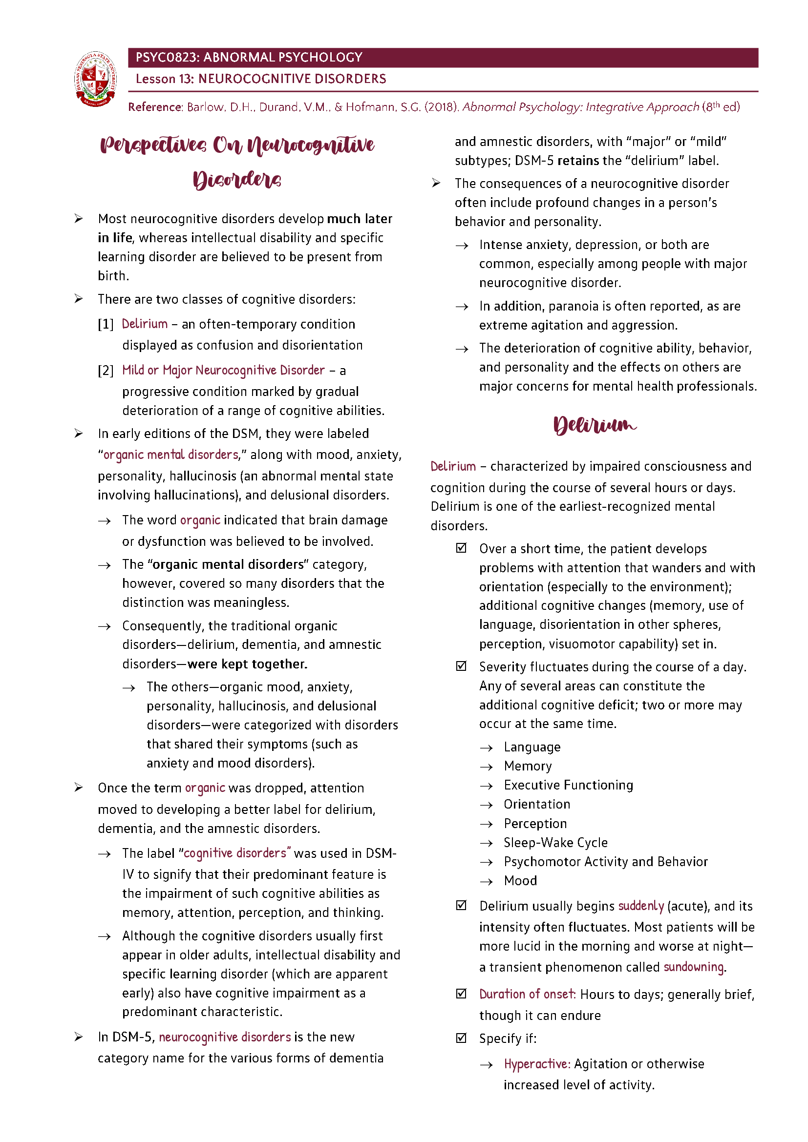 Abnormal Psychology - Neurocognitive Disorders