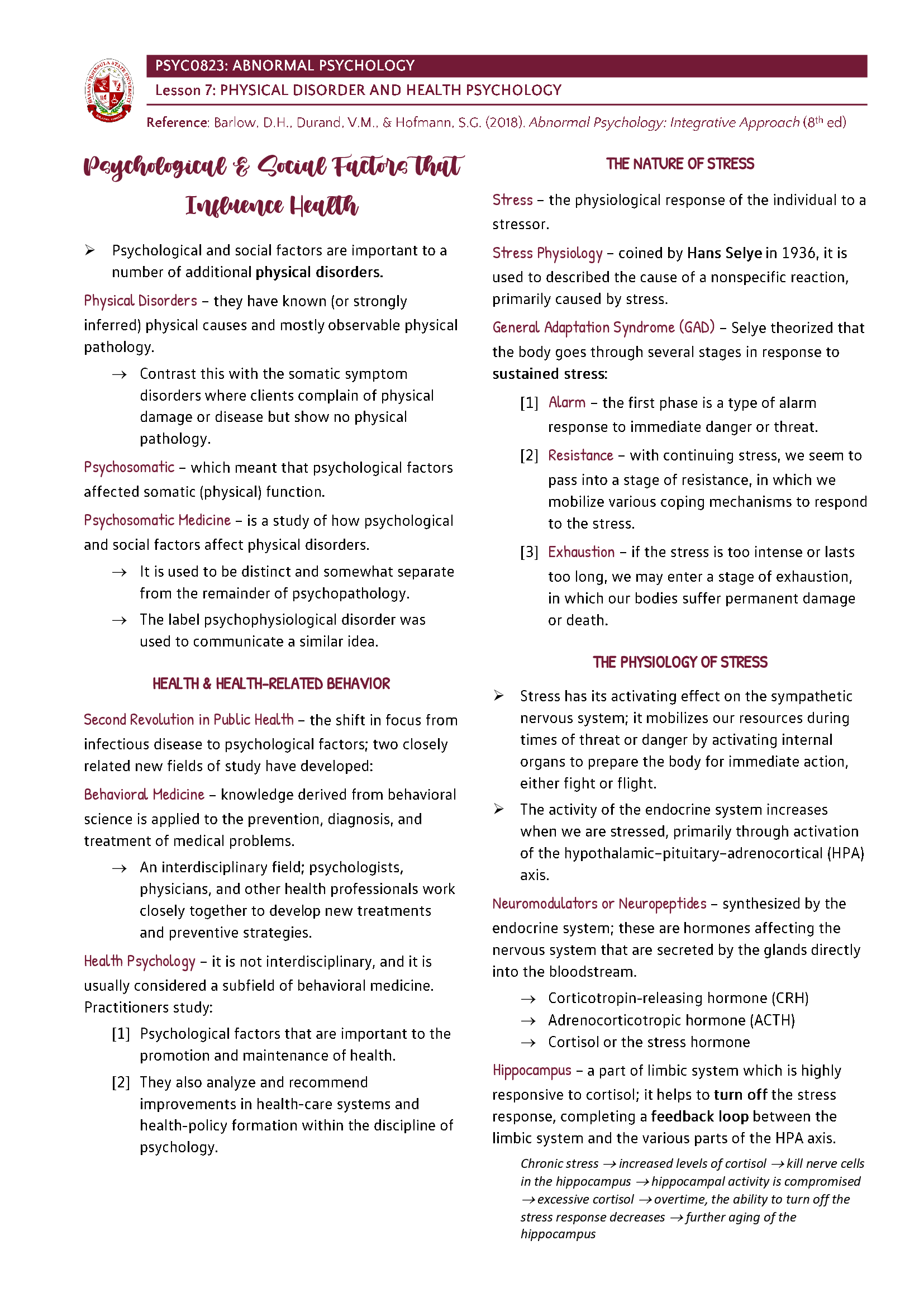 Abnormal Psychology - Physical Disorders and Health Psychology