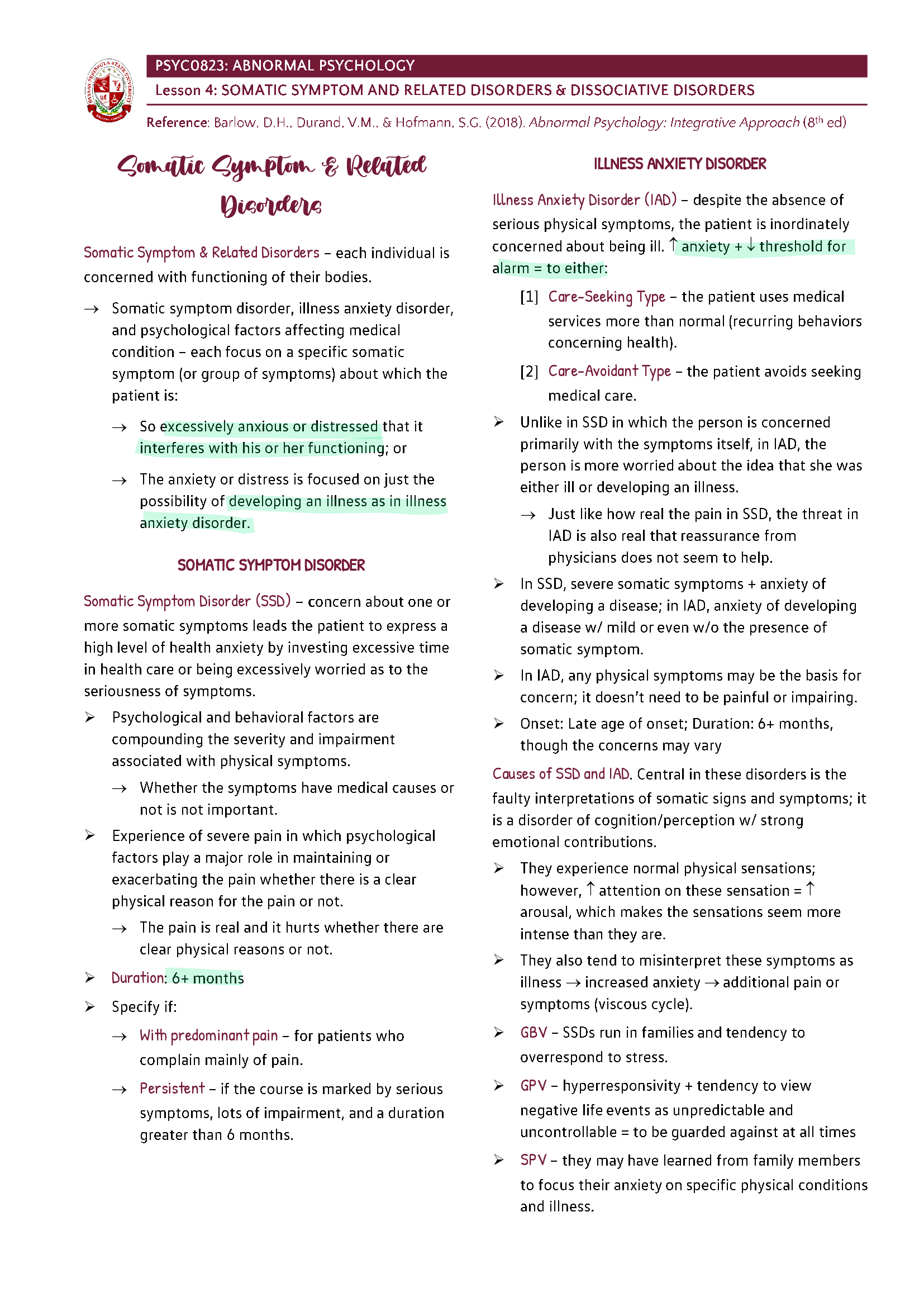 Abnormal Psychology - Somatic Symptom and Related Disorders and Dissociative Disorders