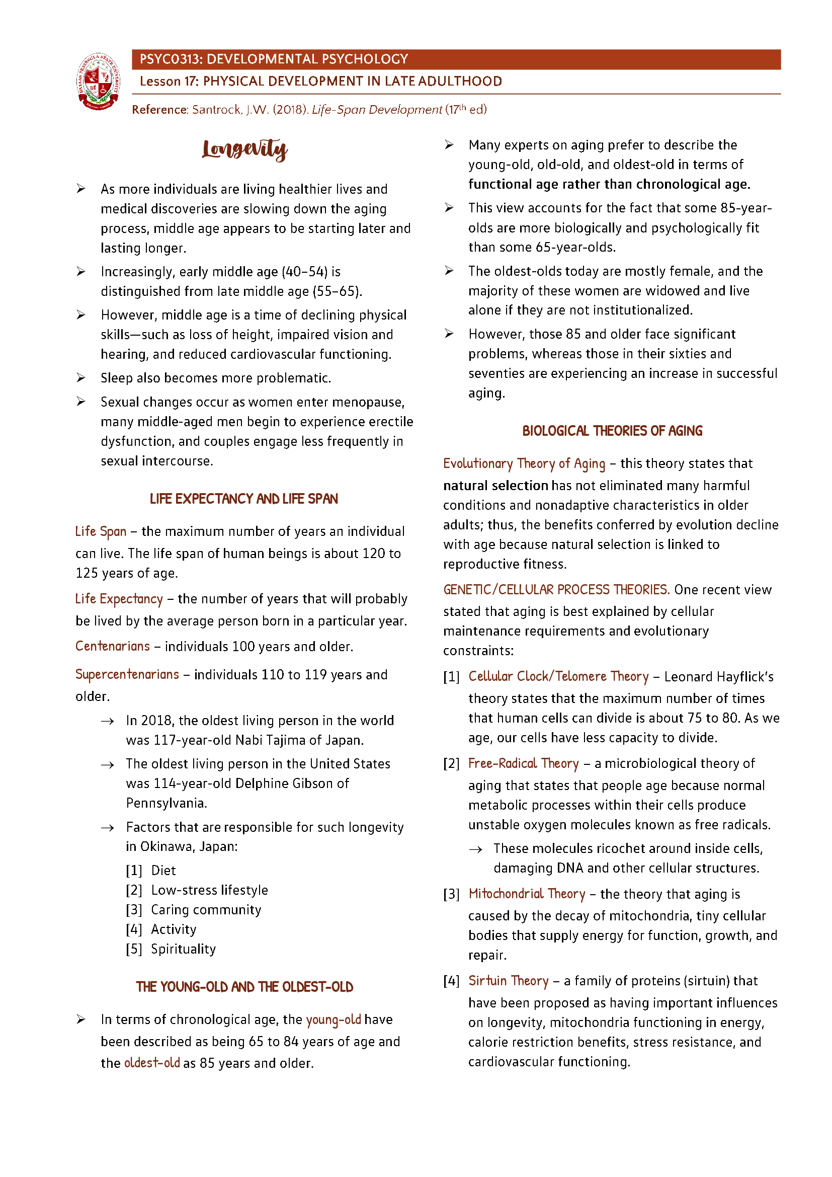 Developmental Psychology - Physical Development in Late Adulthood