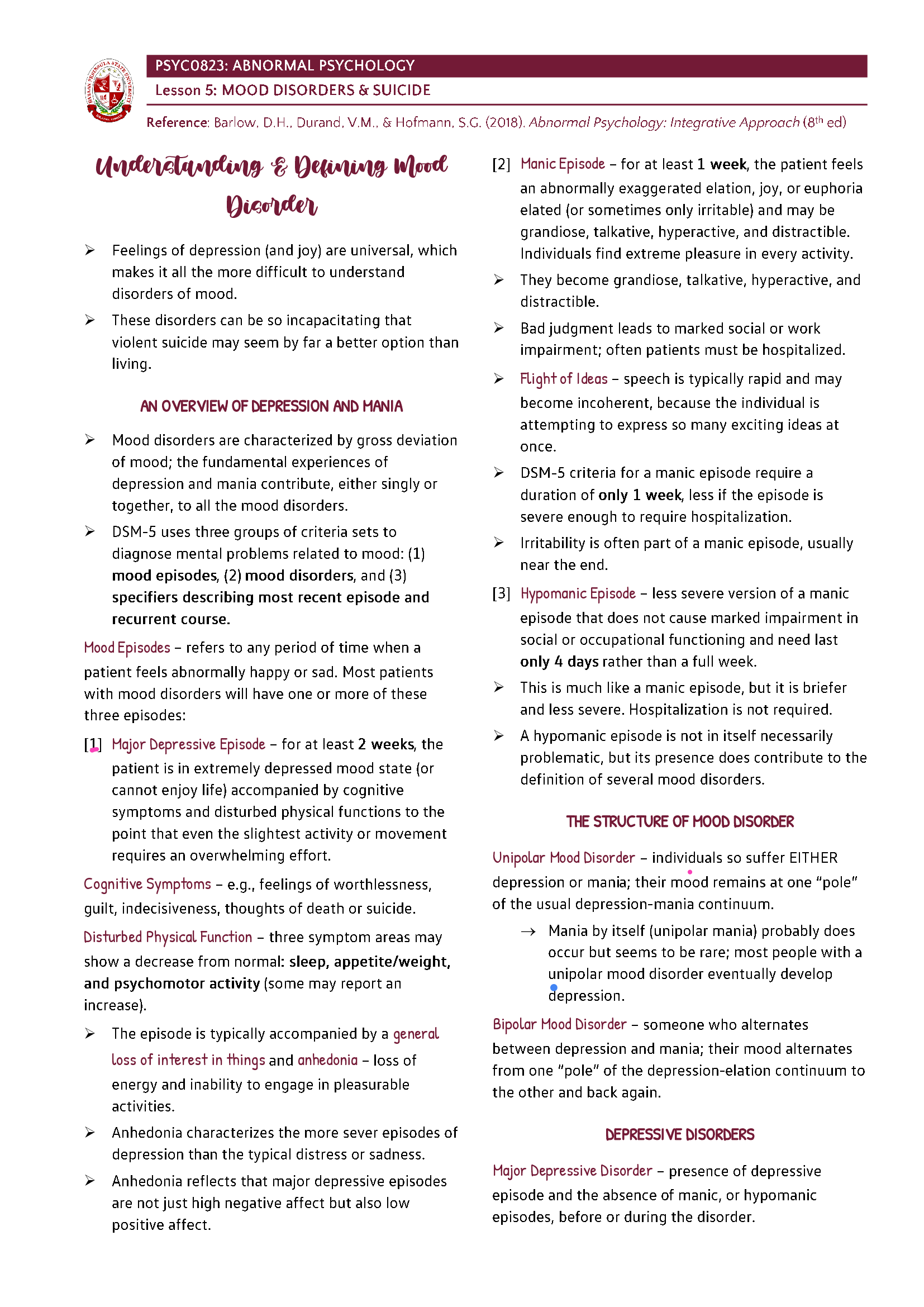Abnormal Psychology - Mood Disorders and Suicide