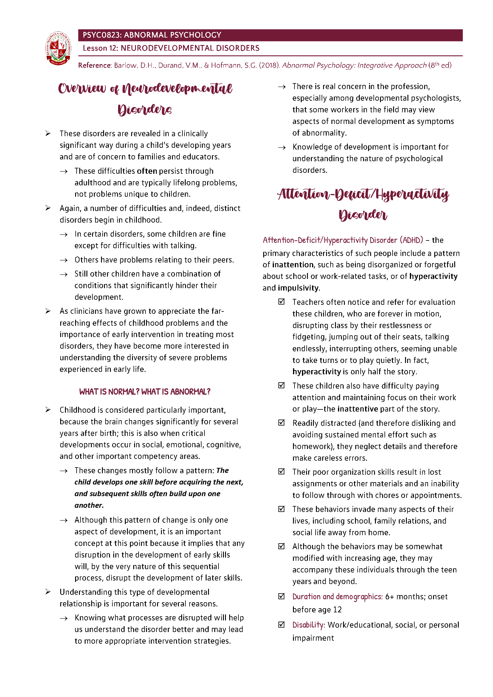 Abnormal Psychology - Neurodevelopmental Disorders
