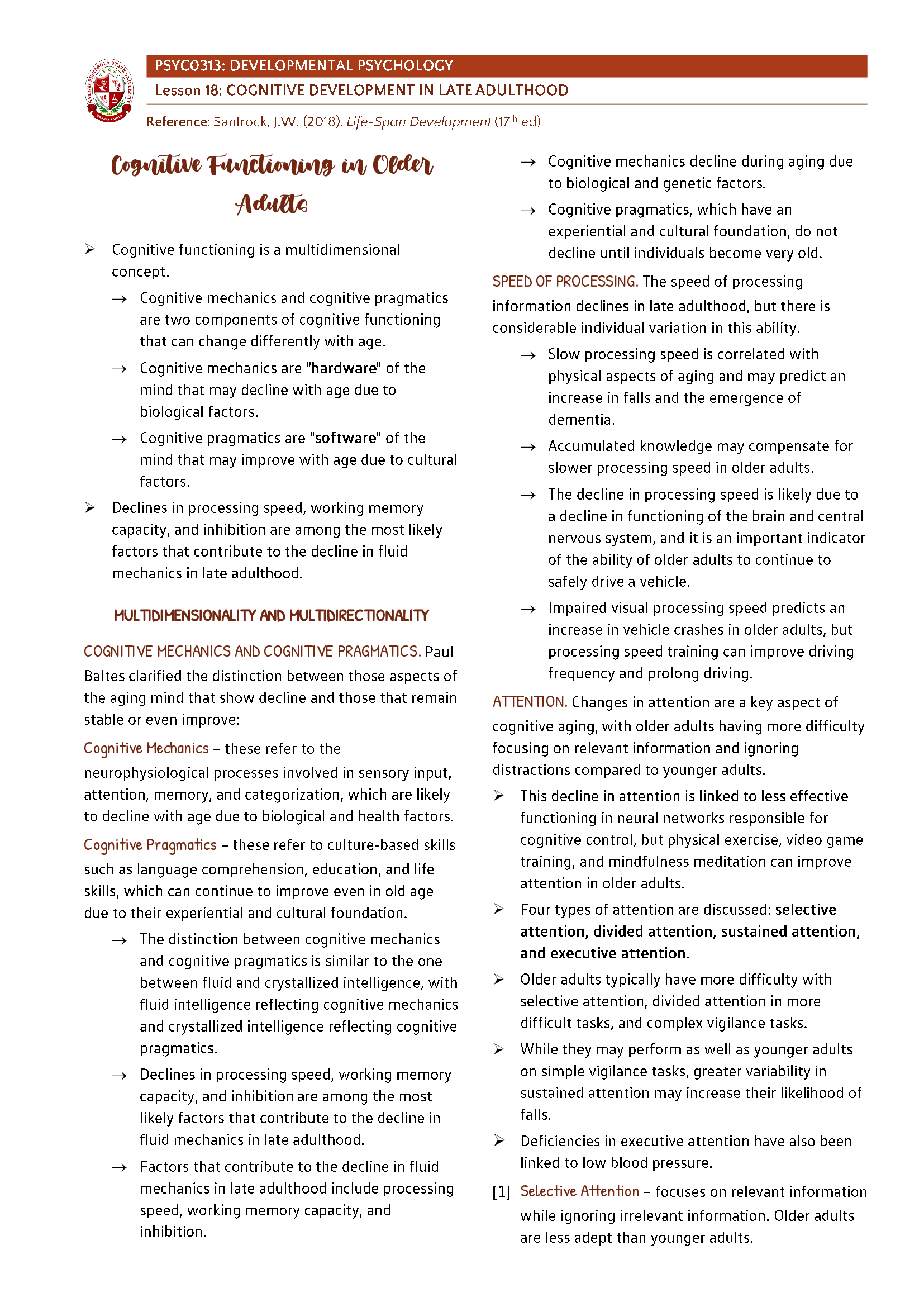 Developmental Psychology - Cognitive Development in Late Adulthood