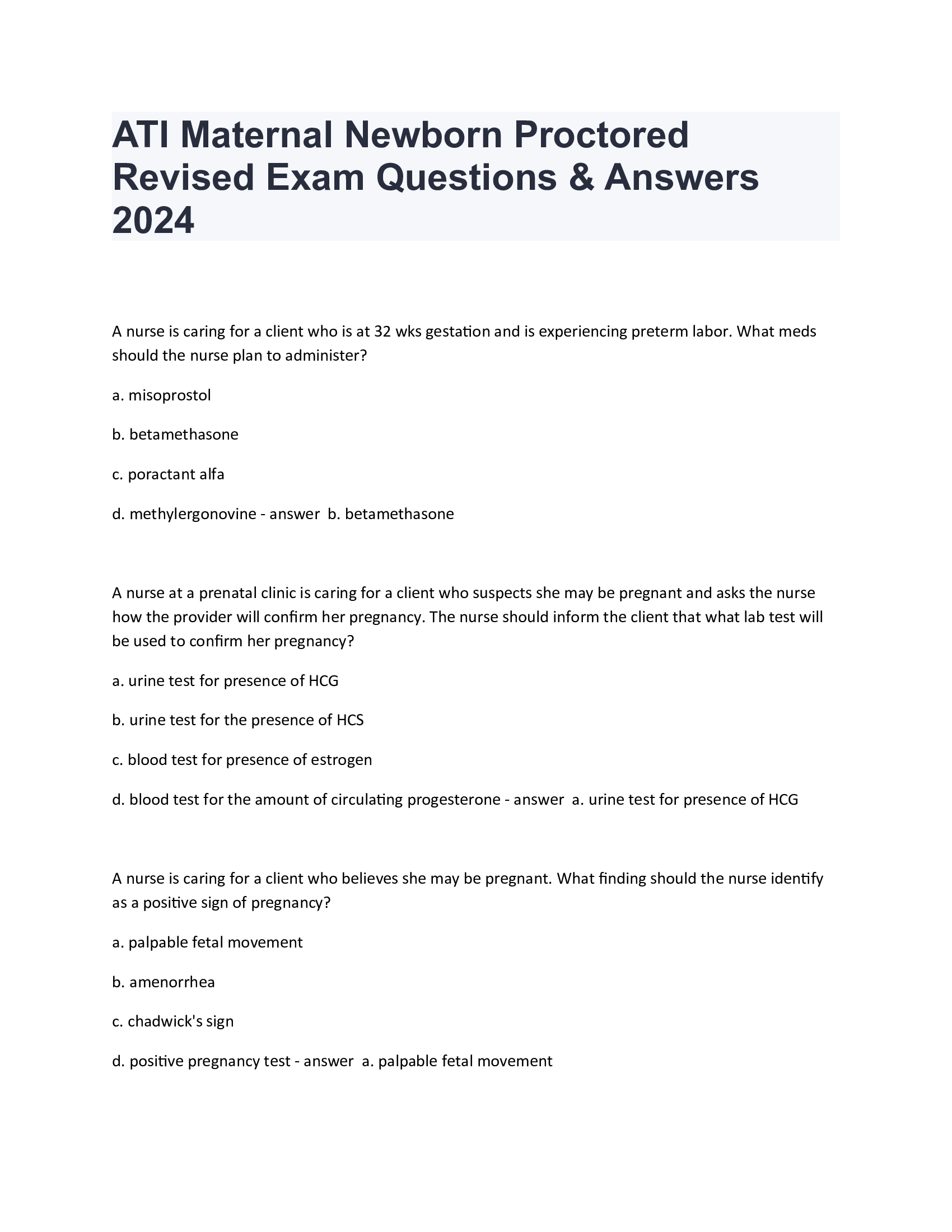 ATI Maternal Newborn Proctored Revised Exam Questions & Answers 2024