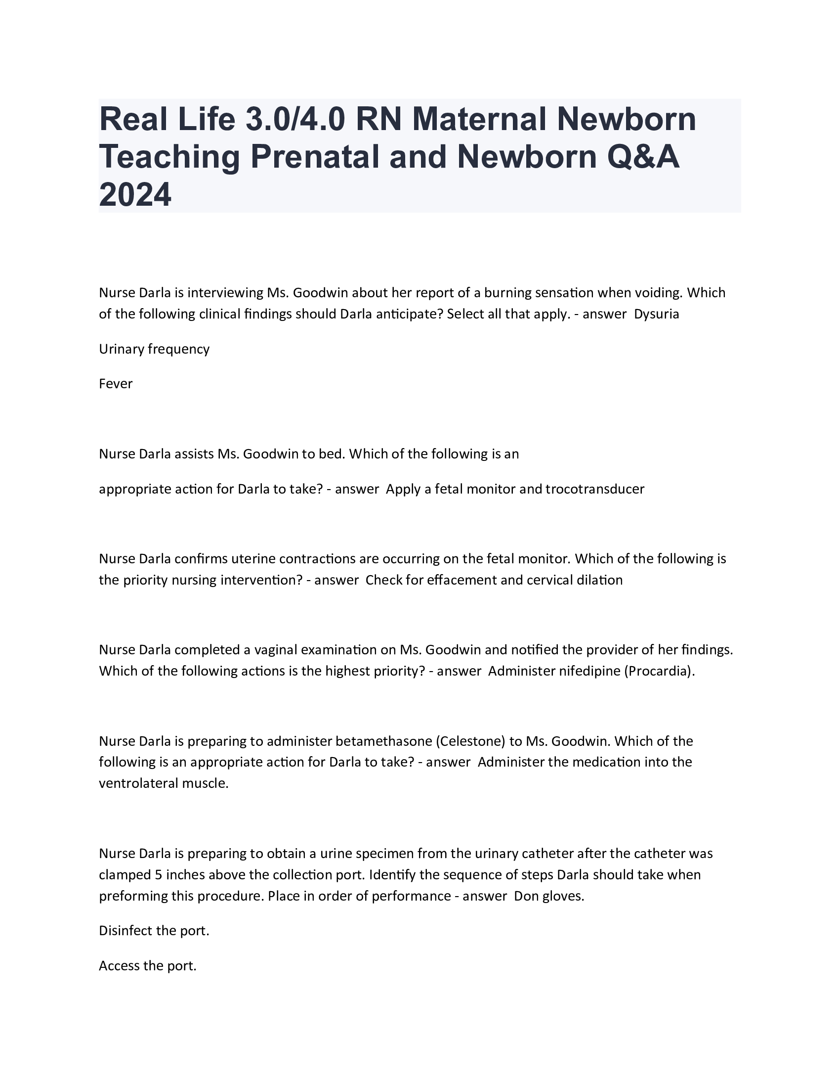 Real Life 3.0/4.0 RN Maternal Newborn Teaching Prenatal and Newborn Q&A 2024