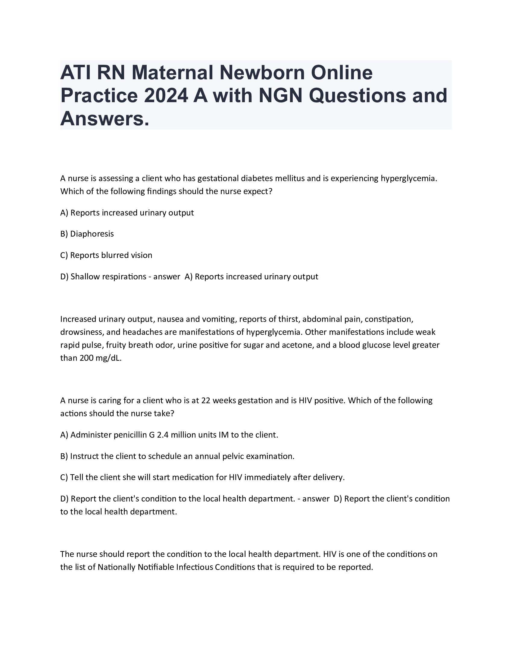 ATI RN Maternal Newborn Online Practice 2024 A with NGN Questions and Answers.