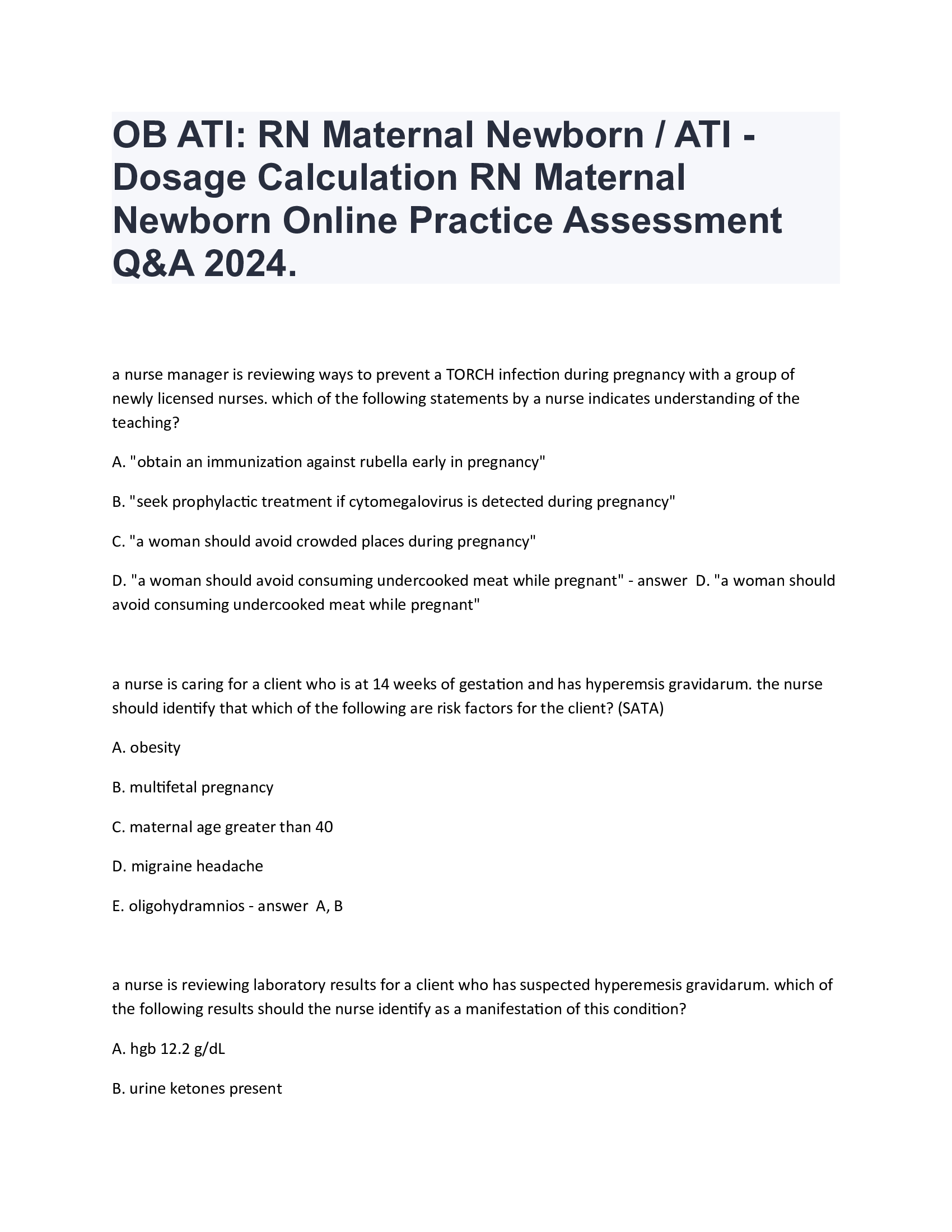 OB ATI: RN Maternal Newborn / ATI - Dosage Calculation RN Maternal Newborn Online Practice Assessment Q&A 2024.