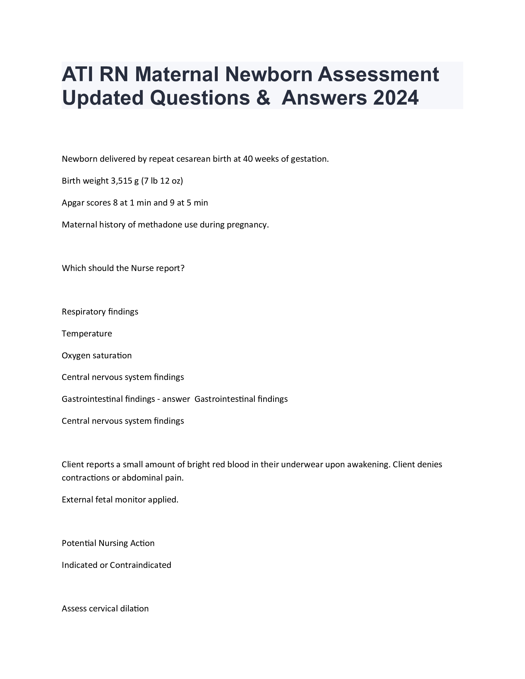 ATI RN Maternal Newborn Assessment Updated Questions &  Answers 2024