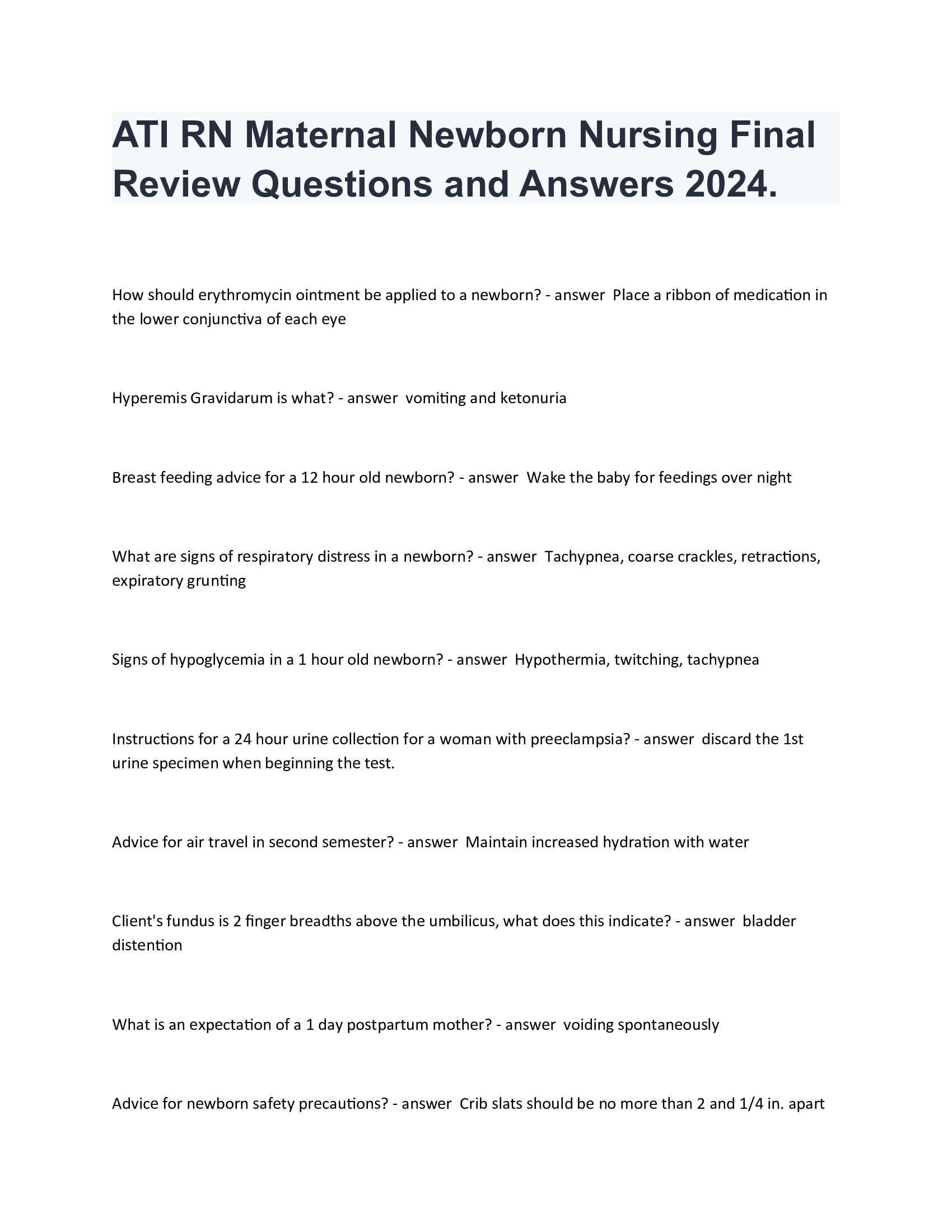 ATI RN Maternal Newborn Nursing Final  Review Questions and Answers 2024.