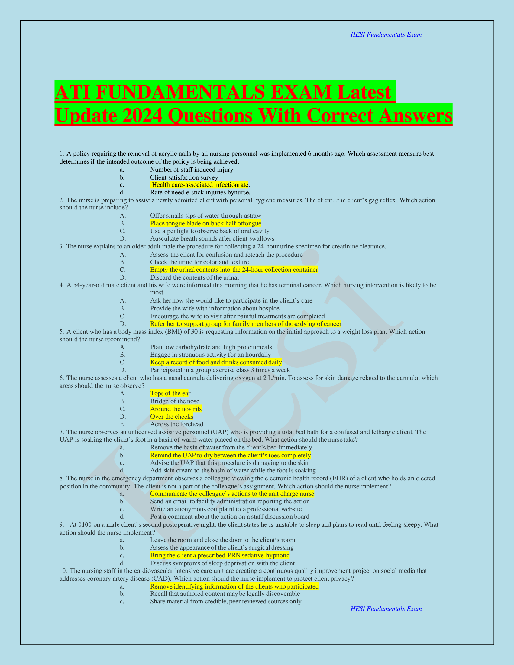ATI Fundamentals Proctored Exam Questions and Answers with Rationales (2024 Update)