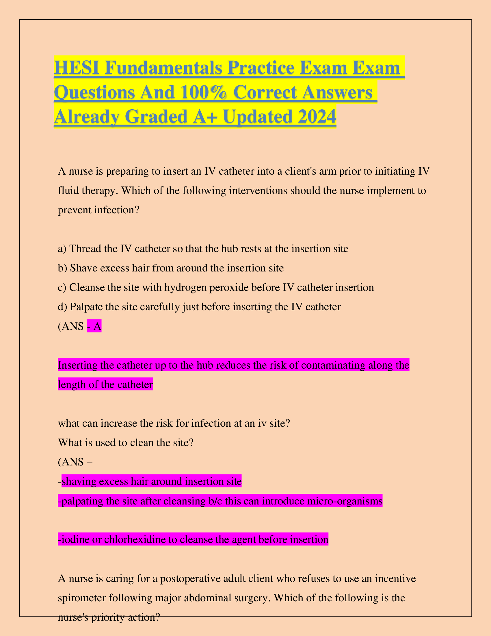 HESI Fundamentals Practice 2024 Exam Questions  And 100% Correct Answers