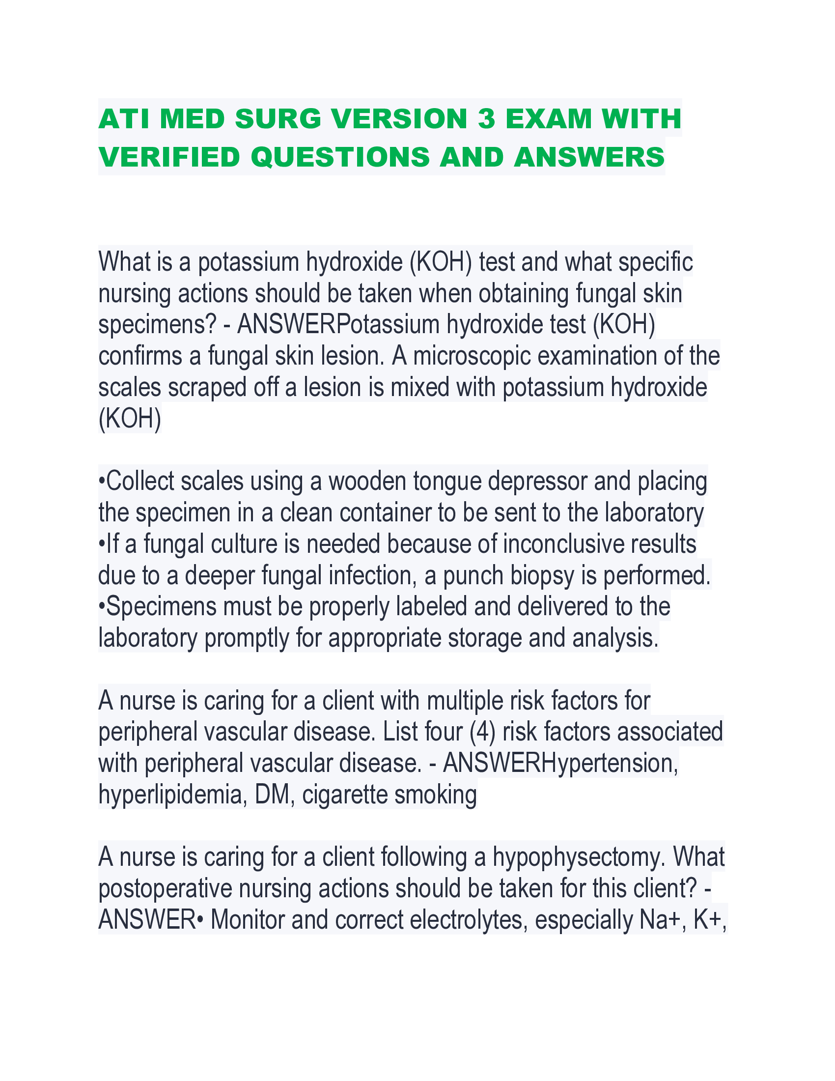 ATI MED SURG VERSION 3 EXAM WITH  VERIFIED QUESTIONS AND ANSWERS