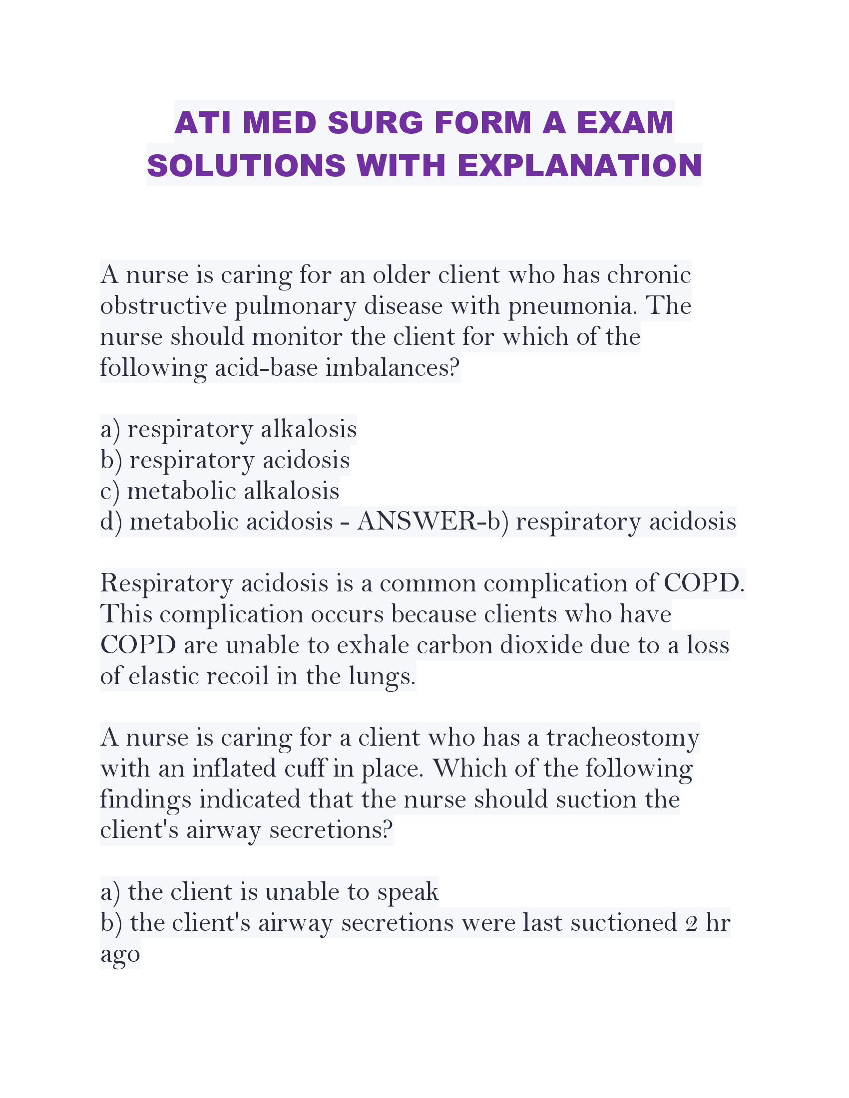 ATI MED SURG FORM A EXAM  SOLUTIONS WITH EXPLANATION