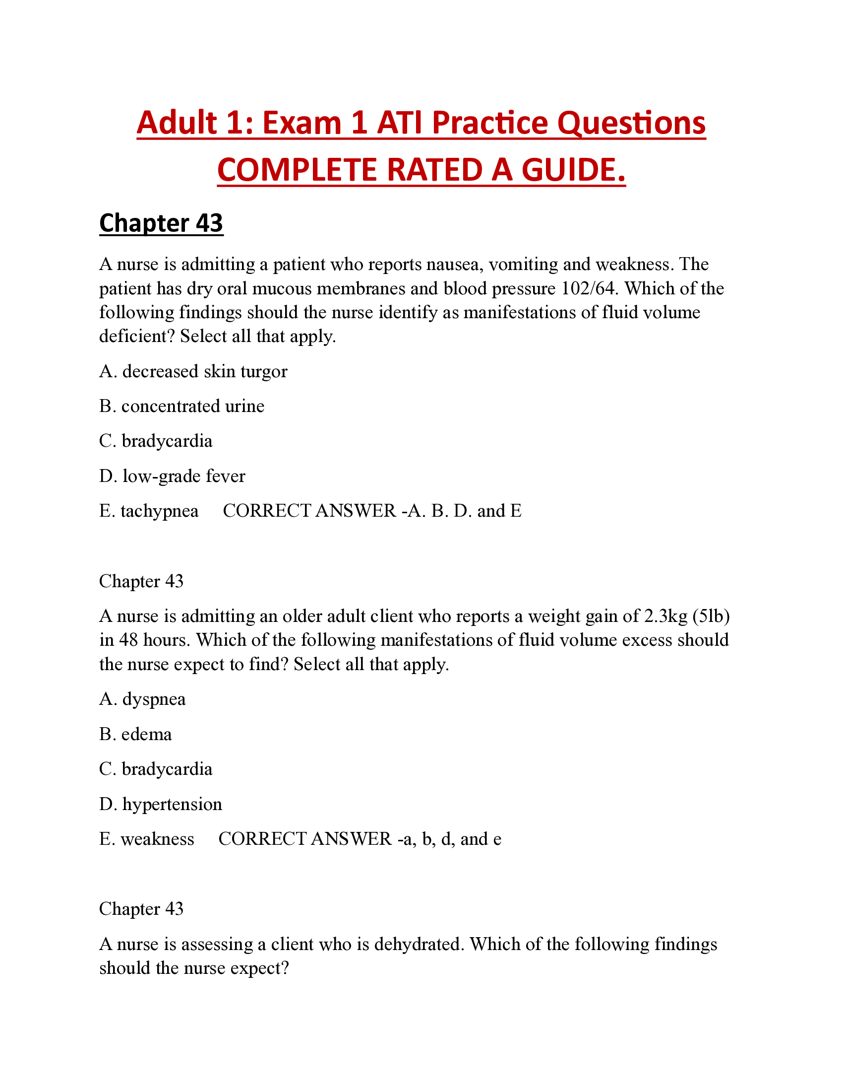 Adult 1: Exam 1 ATI Practice Questions COMPLETE RATED A GUIDE.