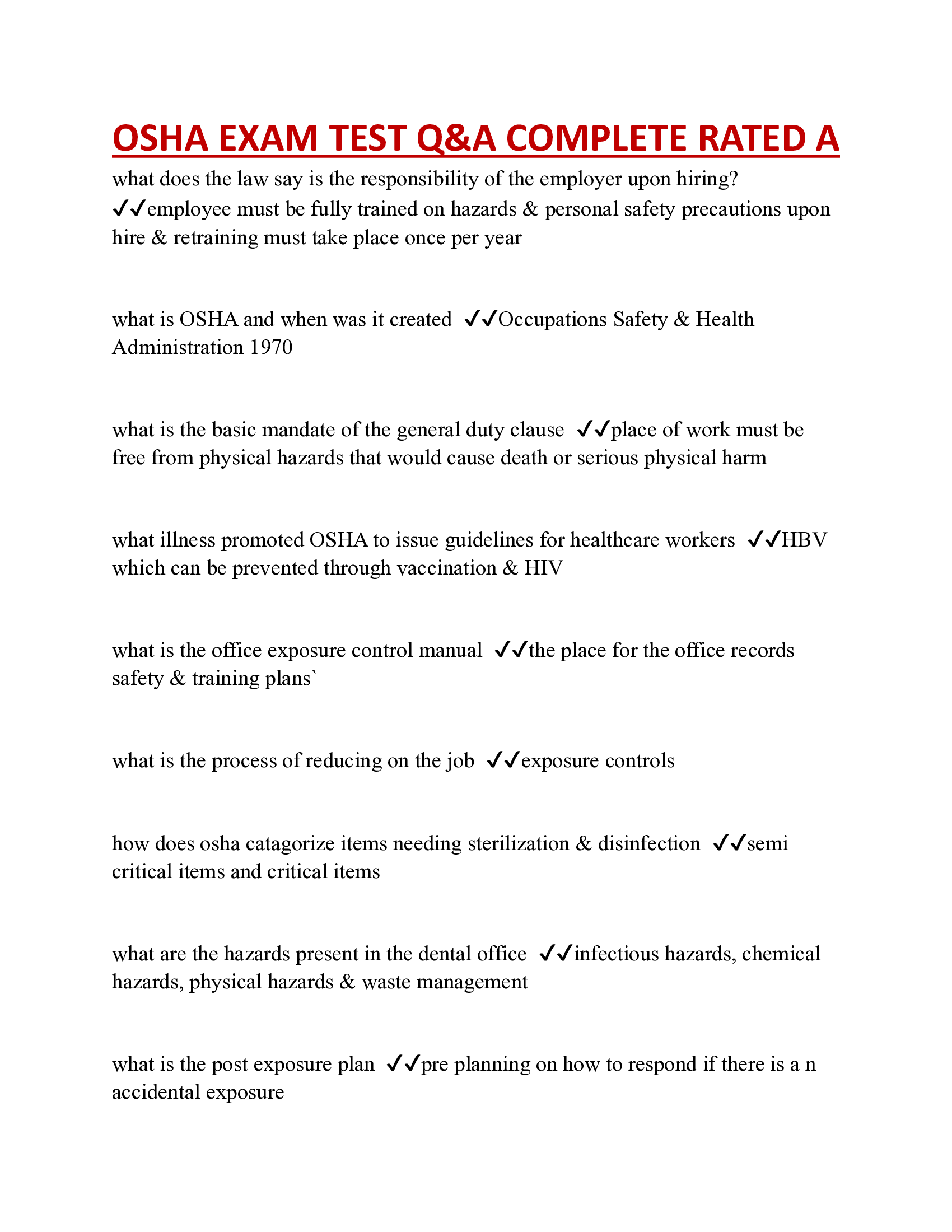 OSHA EXAM TEST Q&A COMPLETE RATED A