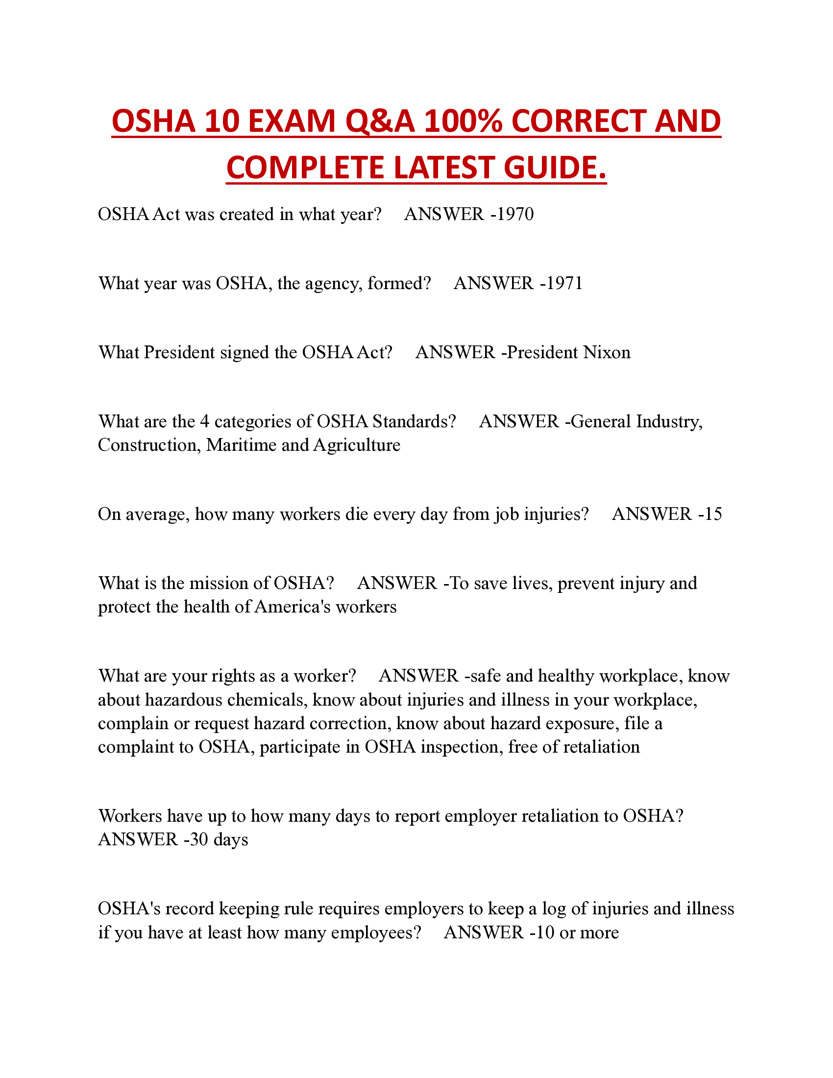 OSHA 10 EXAM Q&A 100% CORRECT AND  COMPLETE LATEST GUIDE.