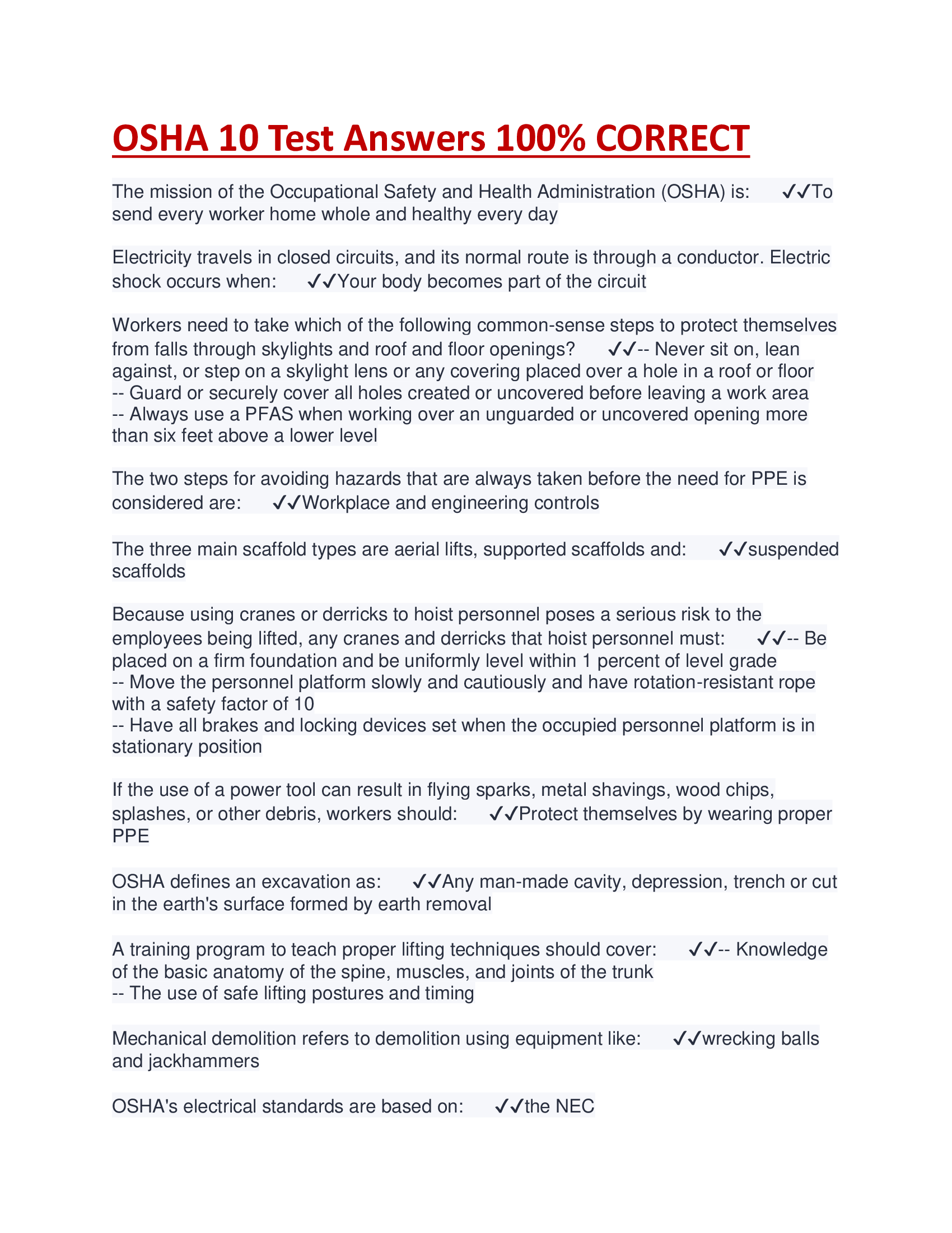 OSHA 10 Test Answers 100 Percent CORRECT