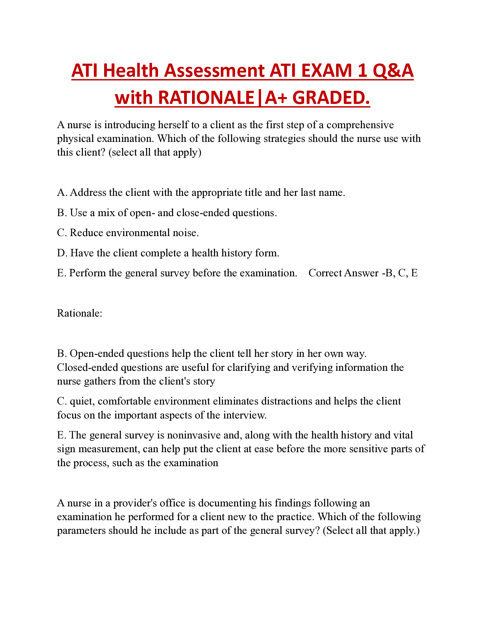 ATI Health Assessment ATI EXAM 1 Q&A  with RATIONALE|A+ GRADED.