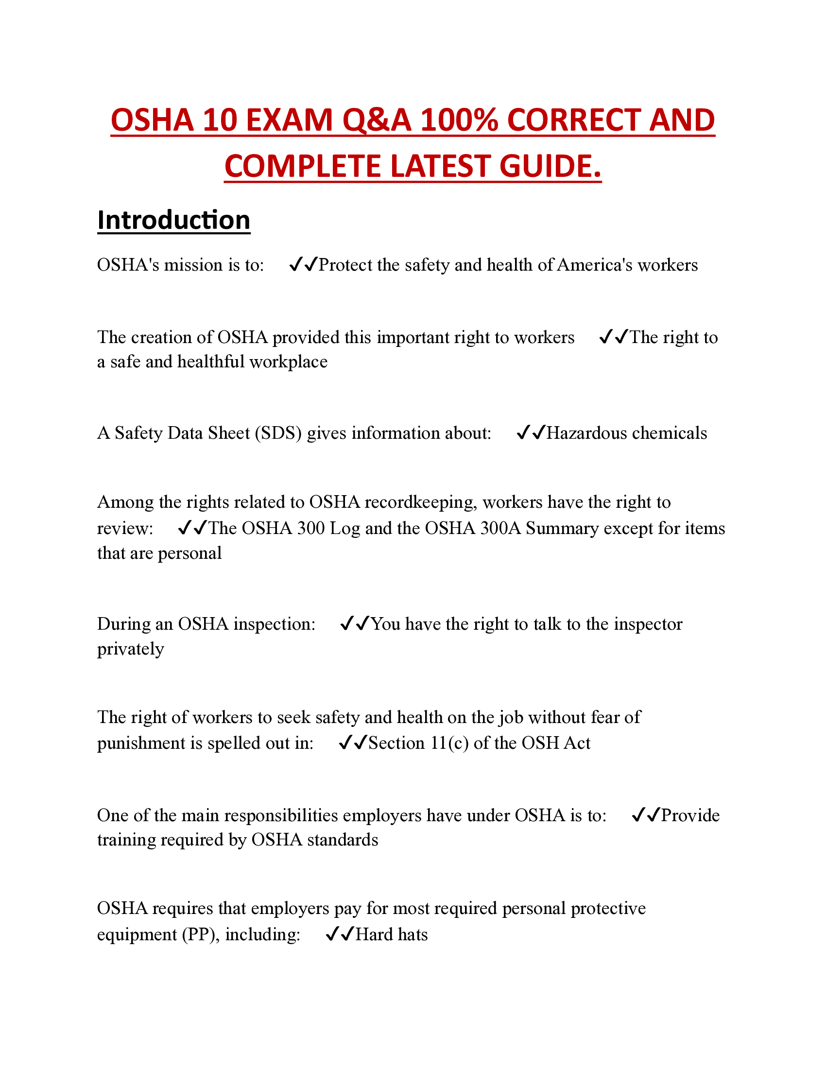 OSHA 10 EXAM Q&A 100%OSHA 10 EXAM Q&A 100% CORRECT AND  COMPLETE LATEST GUIDE CORRECT AND COMPLETE LATEST GUIDE.