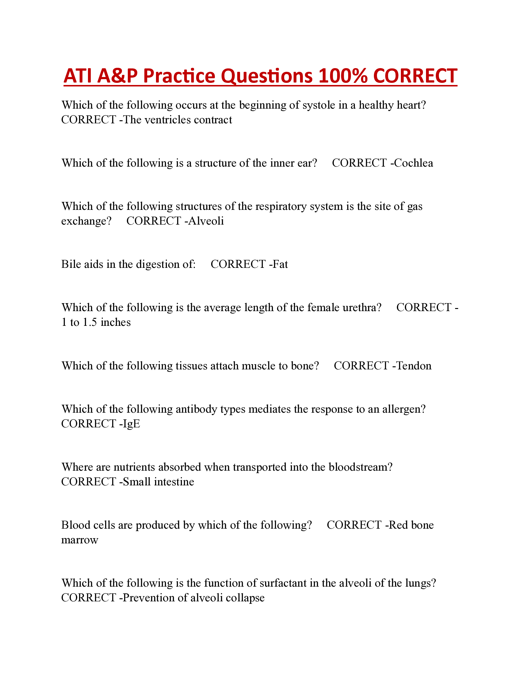 ATI A&P Practice Questions 100% CORRECT