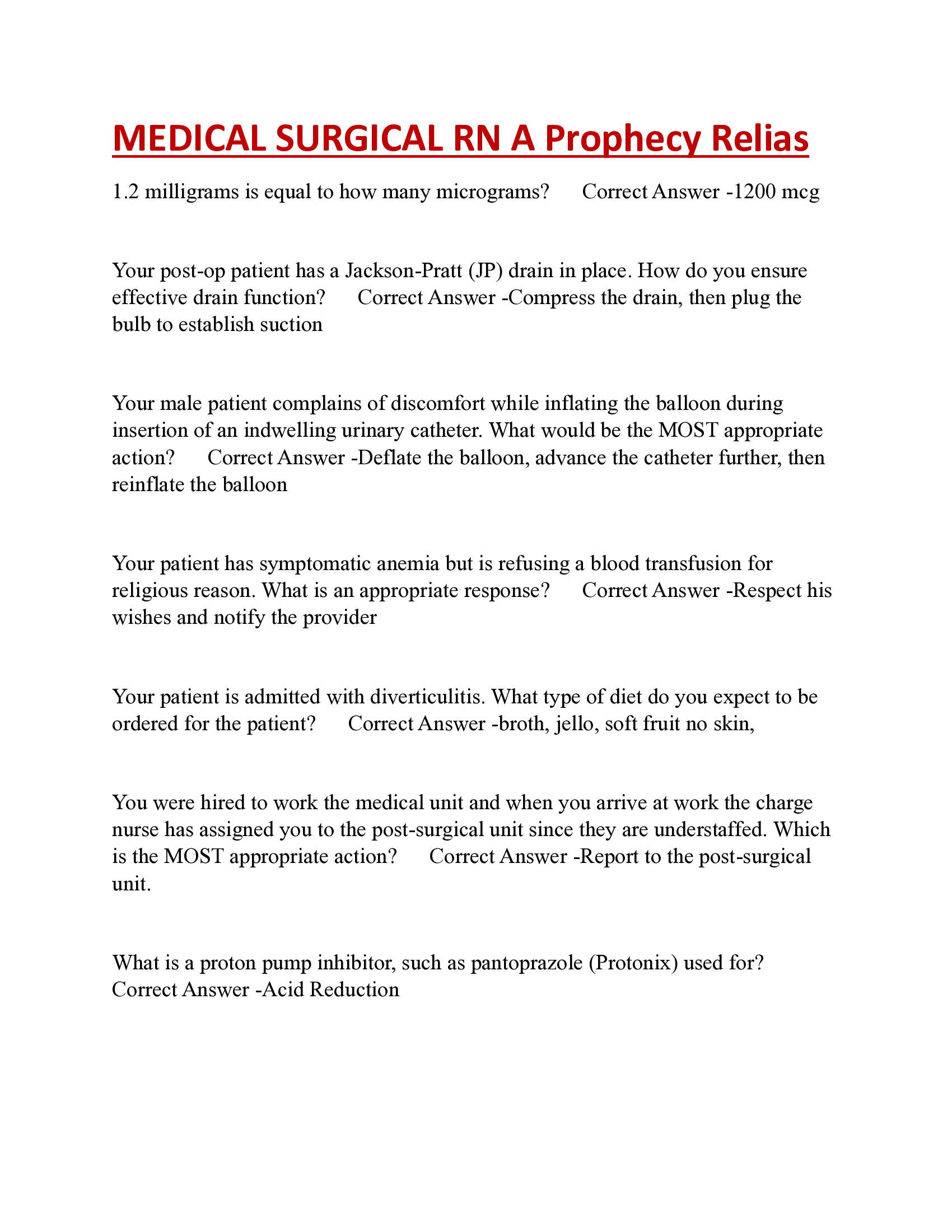 MEDICAL SURGICAL RN A Prophecy Relias