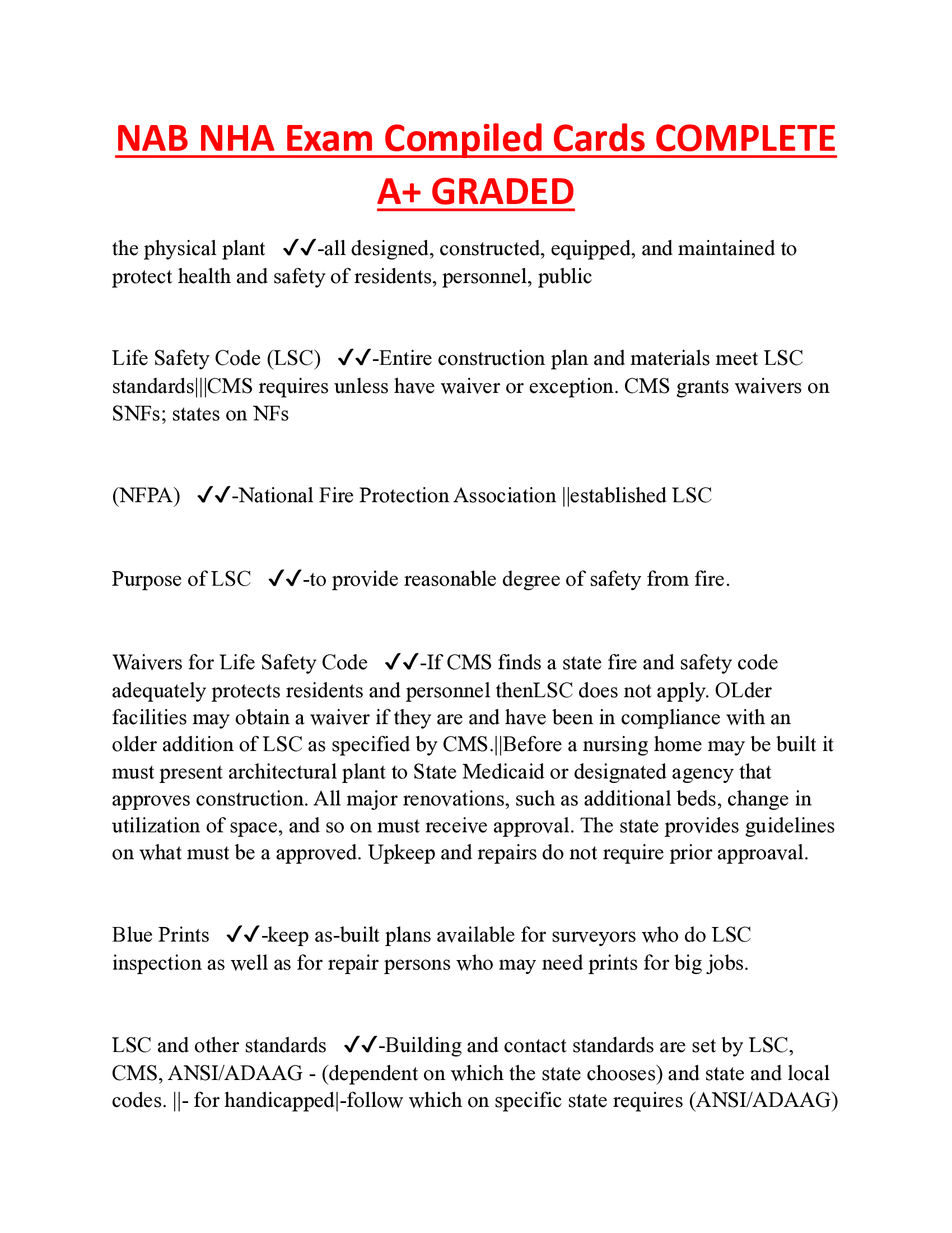 NAB NHA Exam Compiled Cards COMPLETE A+ GRADED
