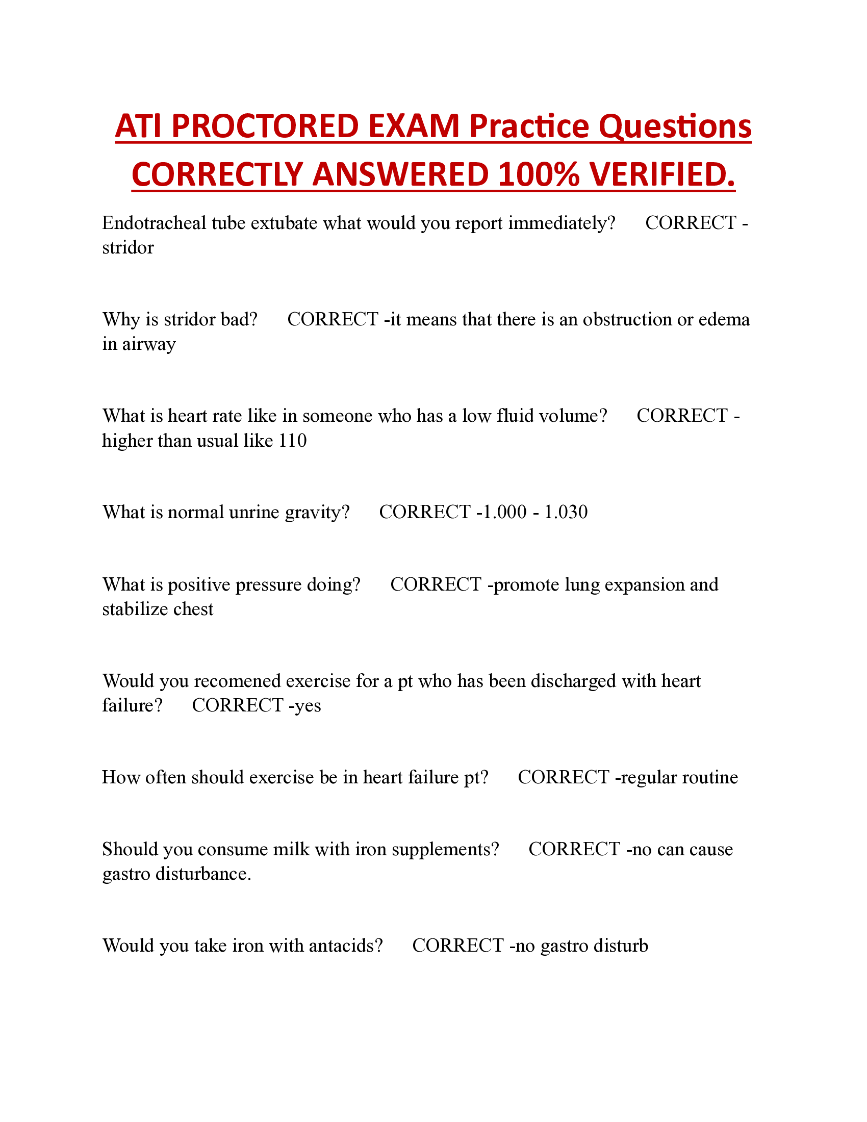 ATI Proctored Exam Practice Questions Correctly Answered 100 Percent Verified by Passing Grades