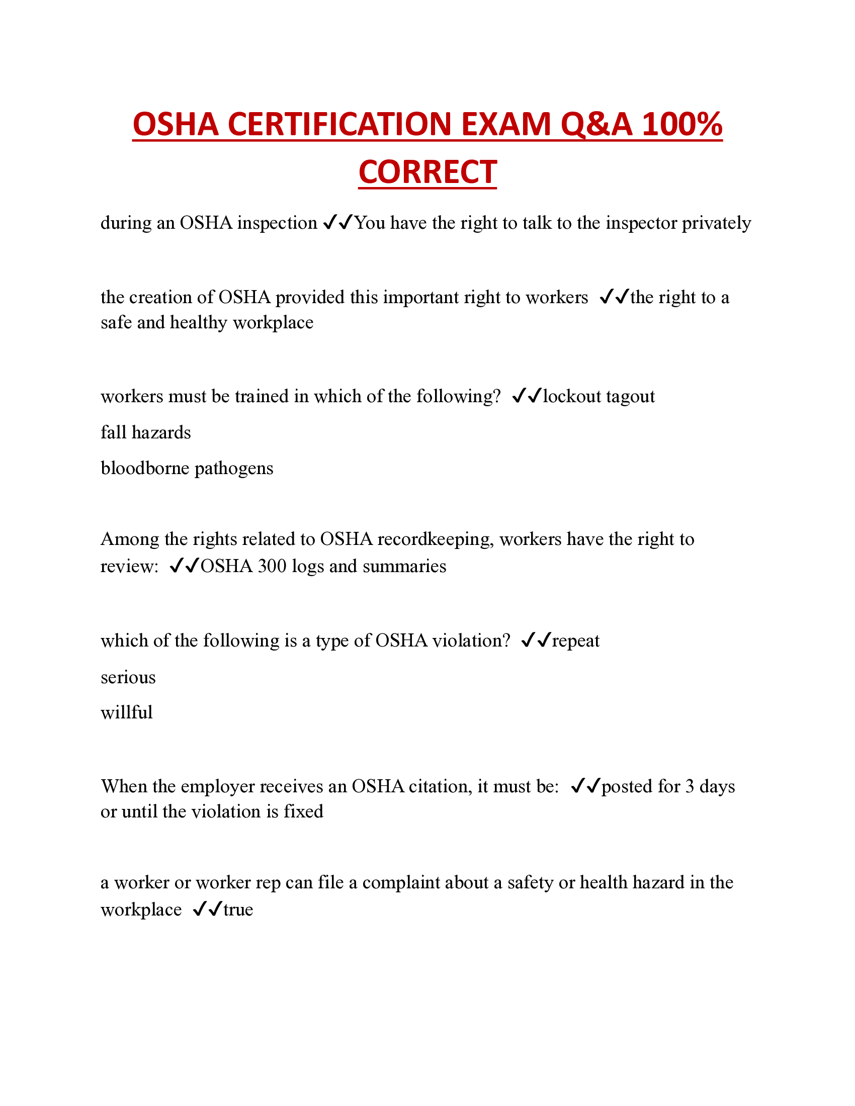 OSHA CERTIFICATION EXAM Q&A 100 Percent  CORRECT