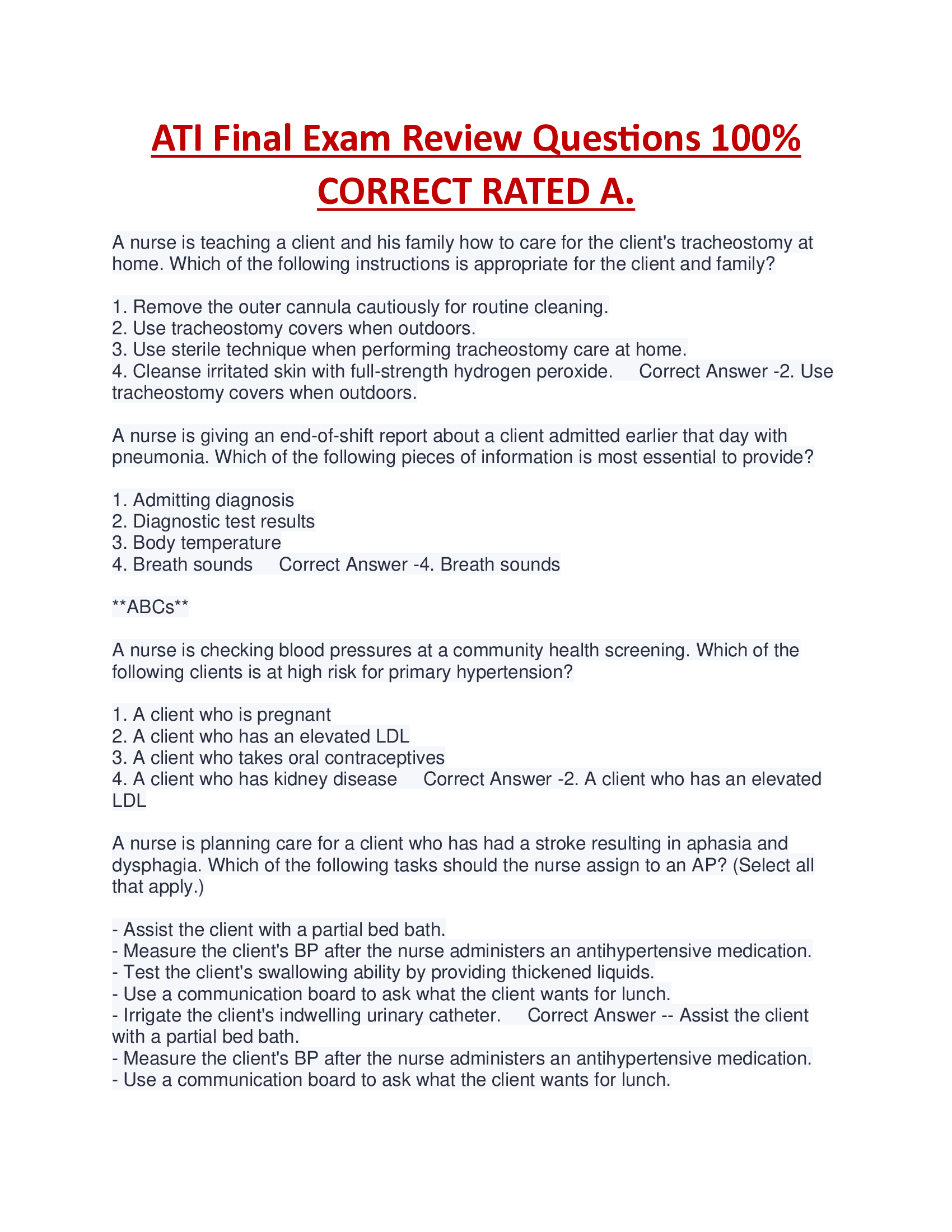 ATI Final Exam Review Questions 100%  CORRECT RATED A.