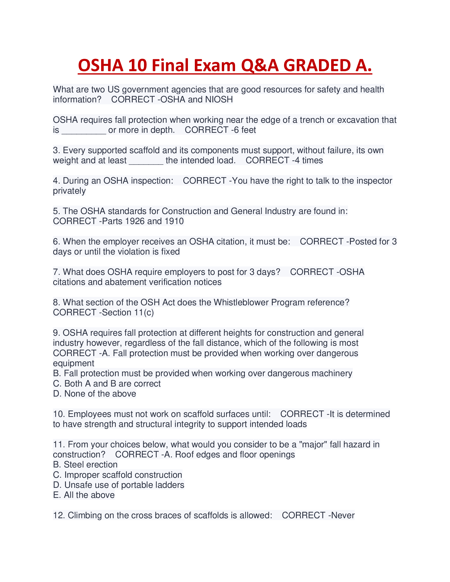 OSHA 10 Final Exam Q&A GRADED A | Revise Before Exam