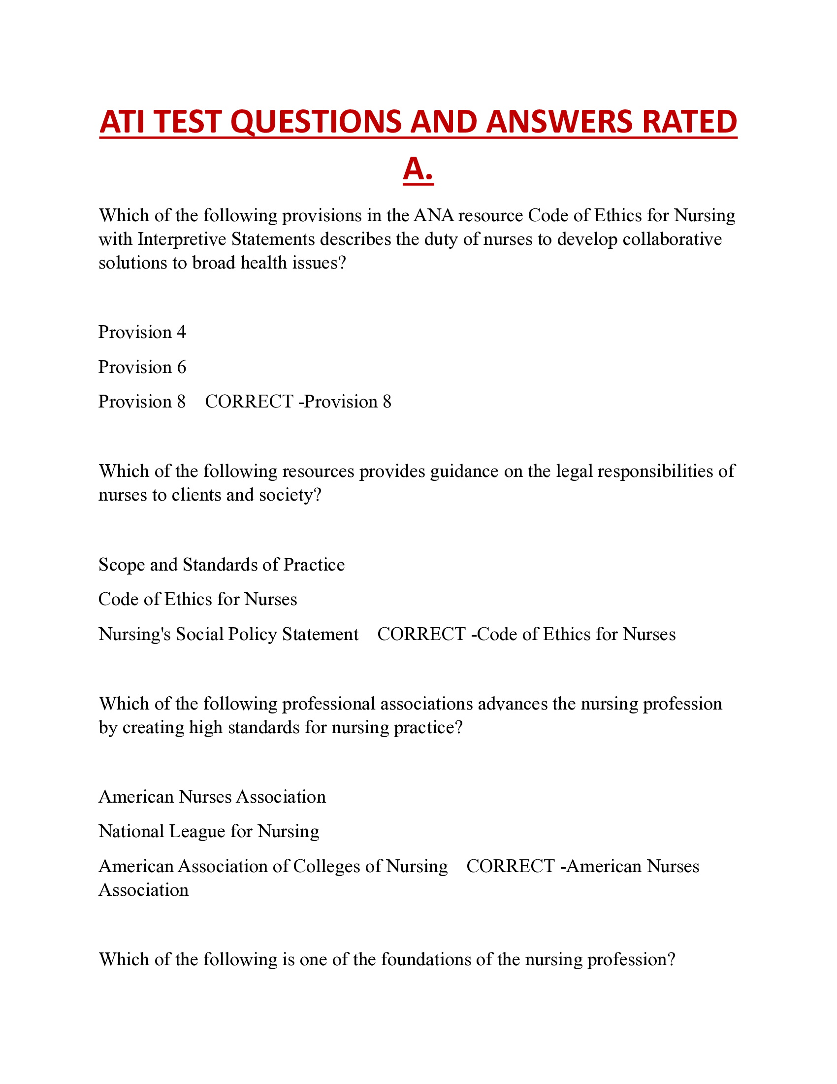 ATI TEST QUESTIONS AND ANSWERS RATED  A.