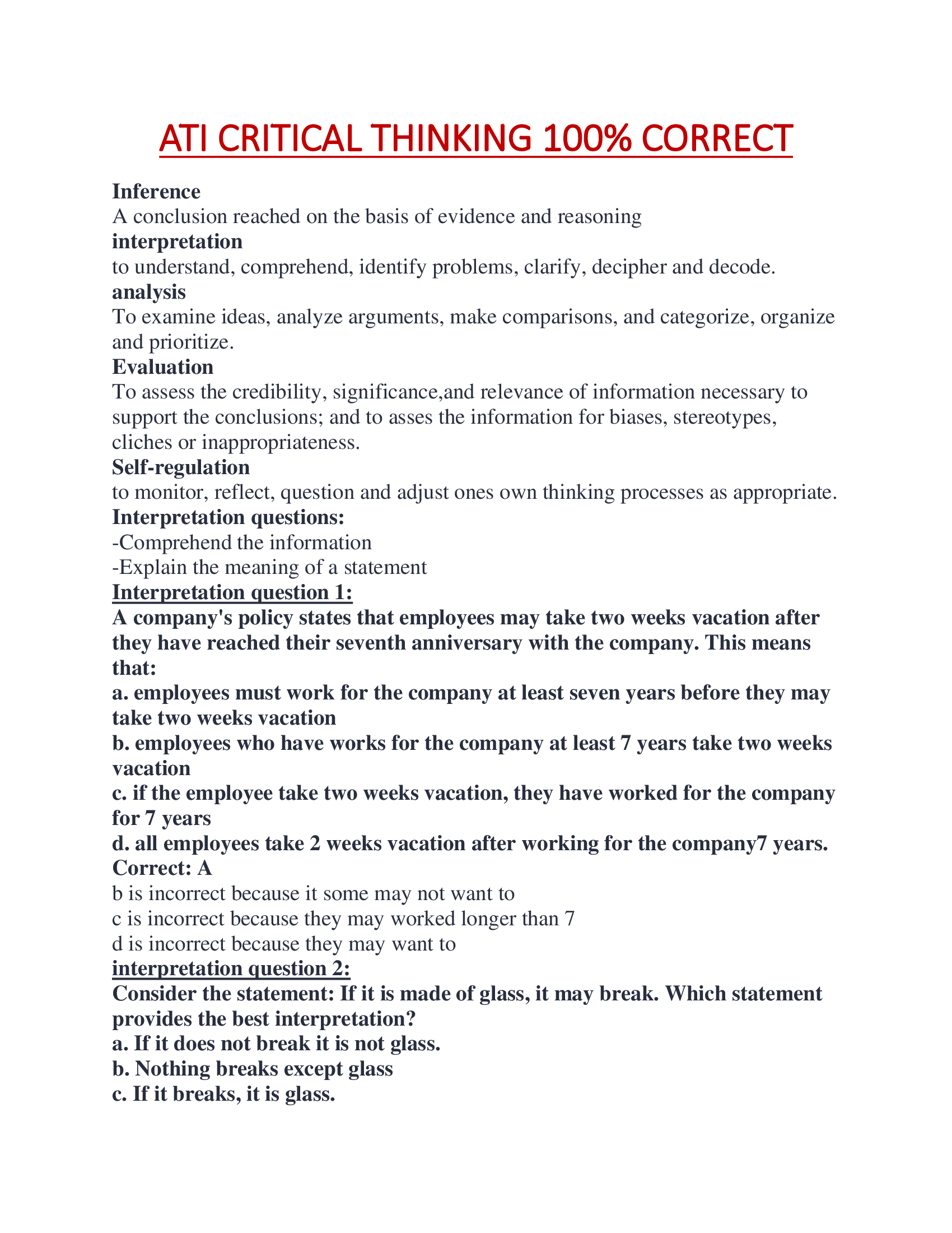 ATI CRITICAL THINKING 100 Percent CORRECT