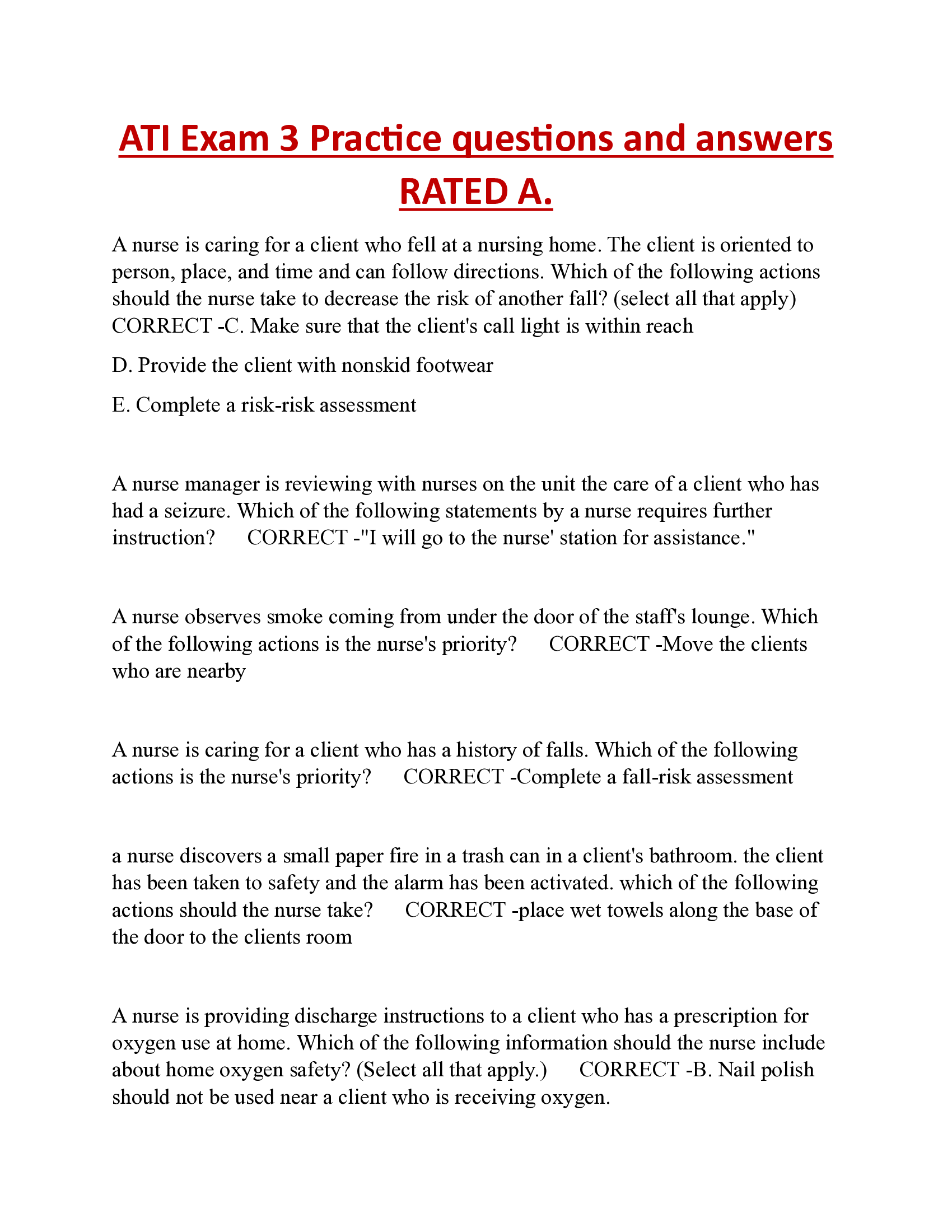 ATI Exam 3 Practice questions and answers RATED A.