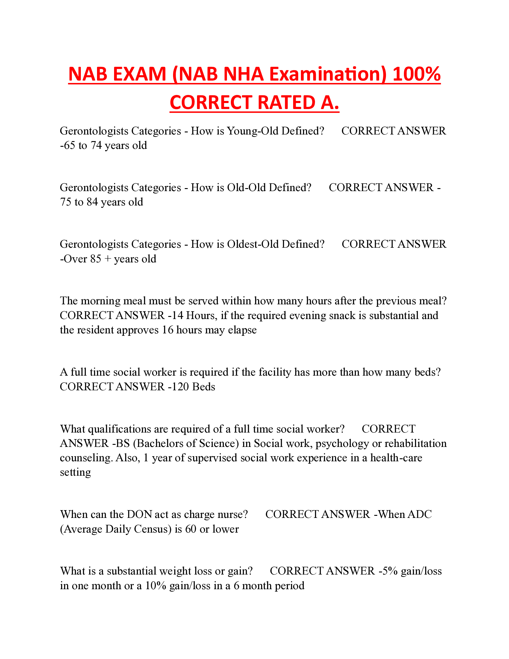 NAB EXAM (NAB NHA Examination) 100%  CORRECT RATED A.