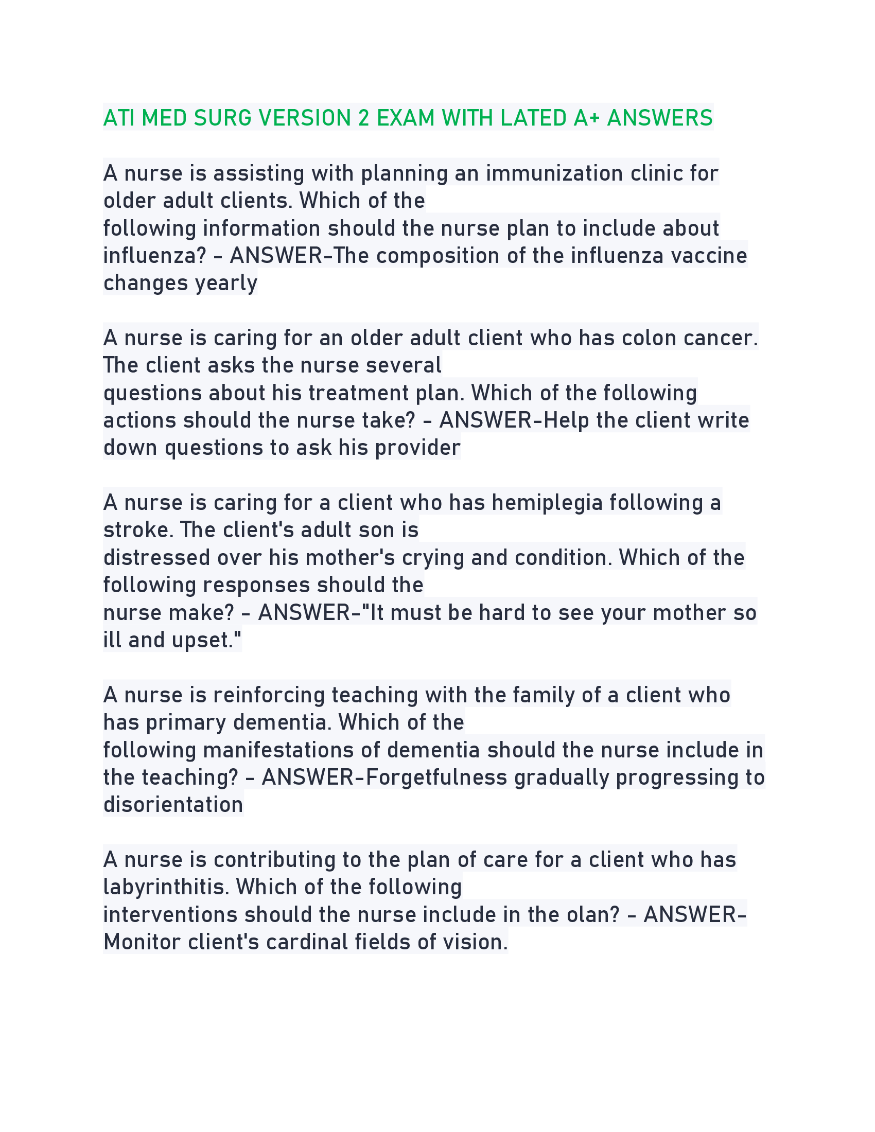 ATI MED SURG VERSION 2 EXAM WITH LATED A+ ANSWERS