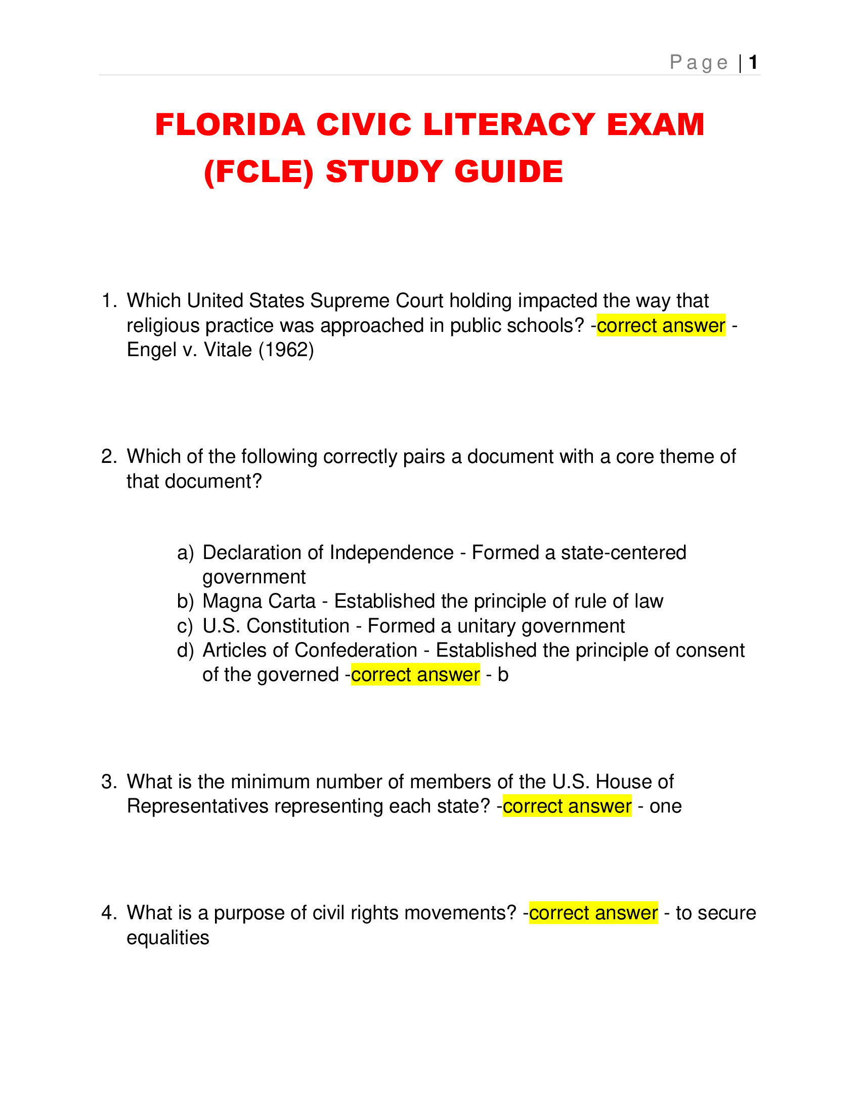 FCLE/FLORIDA CIVIC LITERACY EXAM, PRACTICE AND STUDY GUIDE (TEST BANK)  WITH A GRADED SOLUTIONS