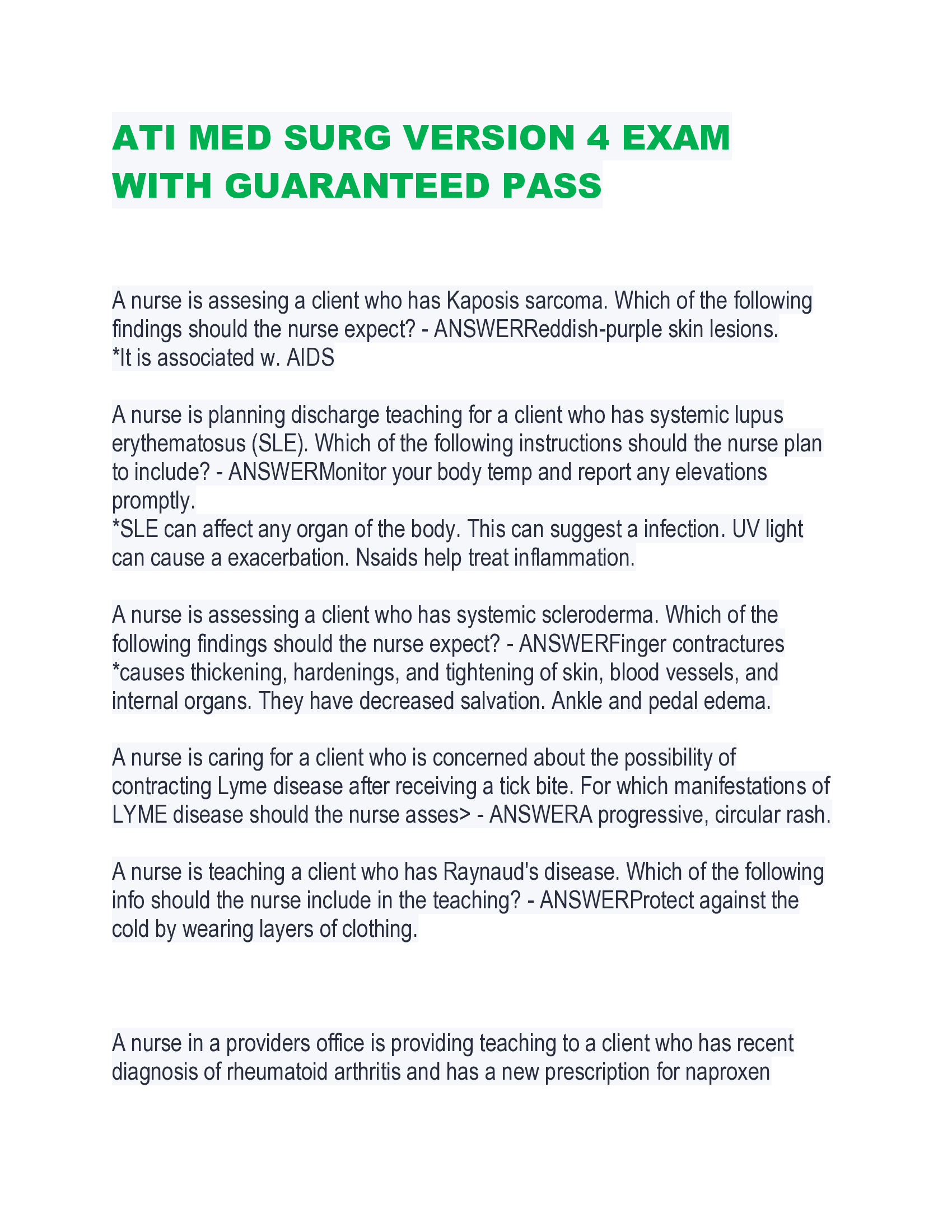 ATI MED SURG VERSION 4 EXAM  WITH GUARANTEED PASS