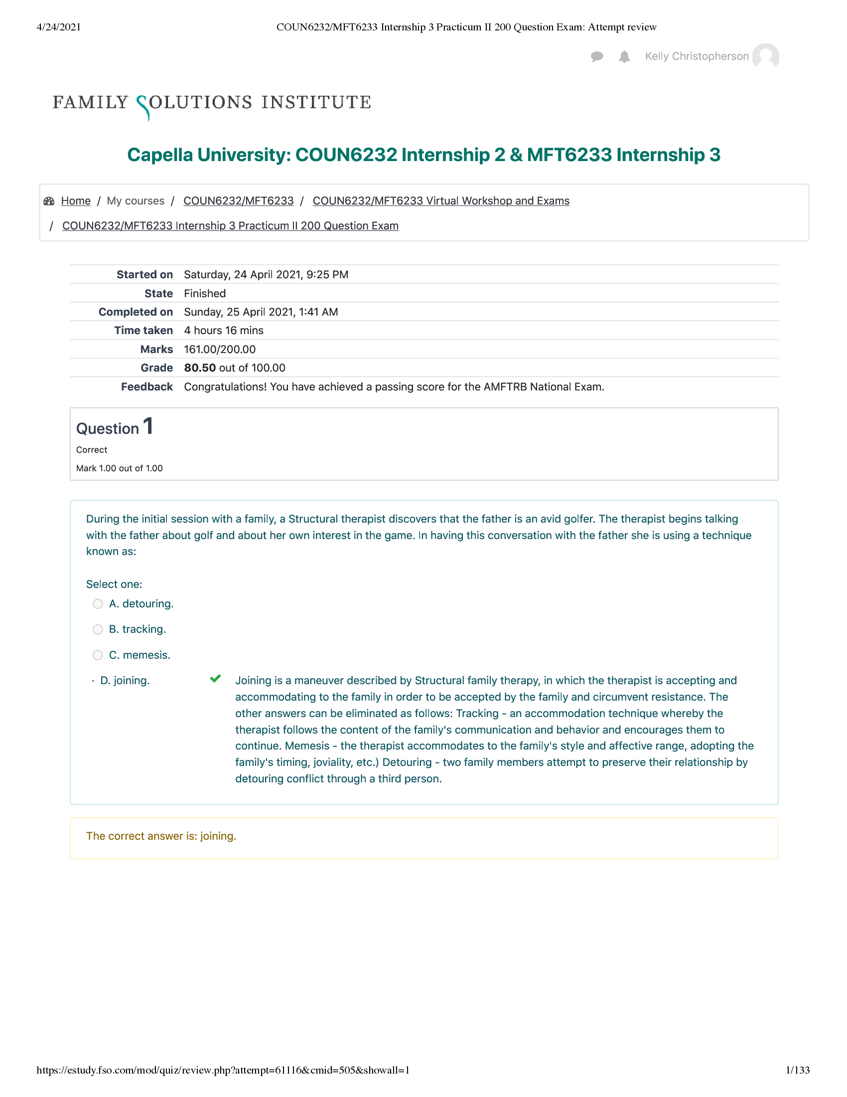 COUN6232/MFT6233 Internship 3 Practicum II 200 Question Exam All Questions Solved