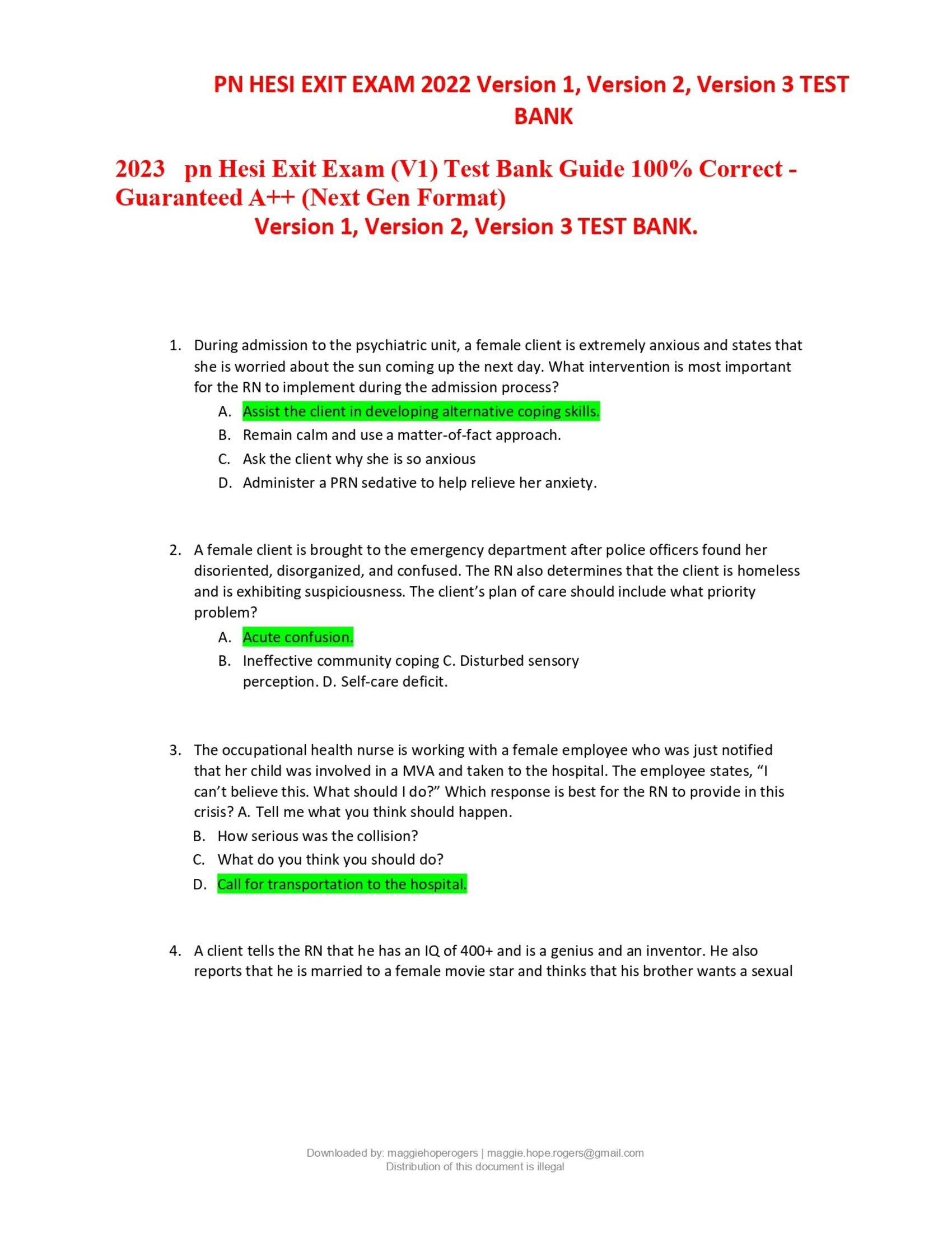PN HESI EXIT EXAM 2022 Version 1, Version 2, Version 3 TEST BANK 2023 pn Hesi Exit Exam (V1) Test Bank Guide 100% Correct - Guaranteed A++ (Next Gen Format) Version 1, Version 2, Version 3 TEST BANK.