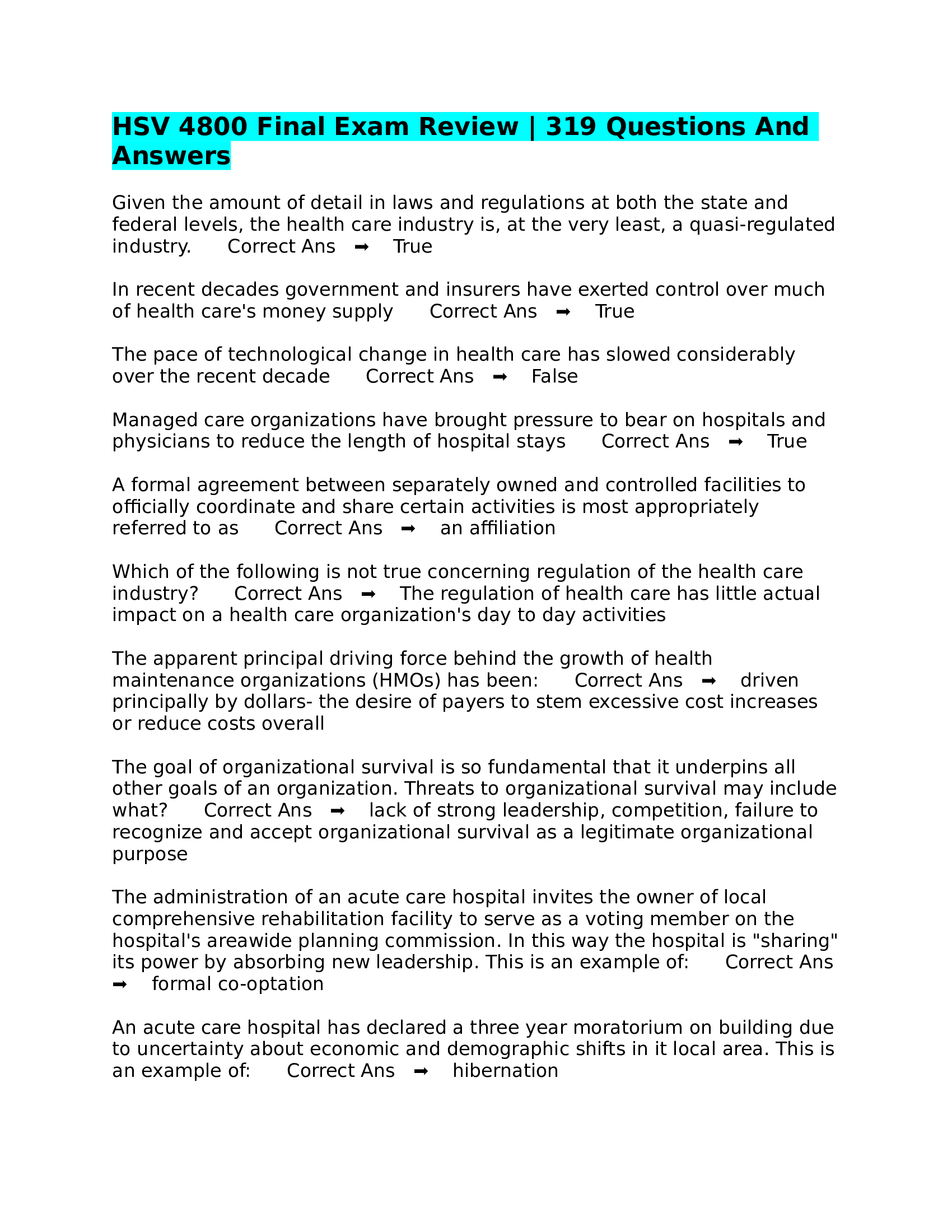 HSV 4800 Final Exam Review | 319 Questions And Answers