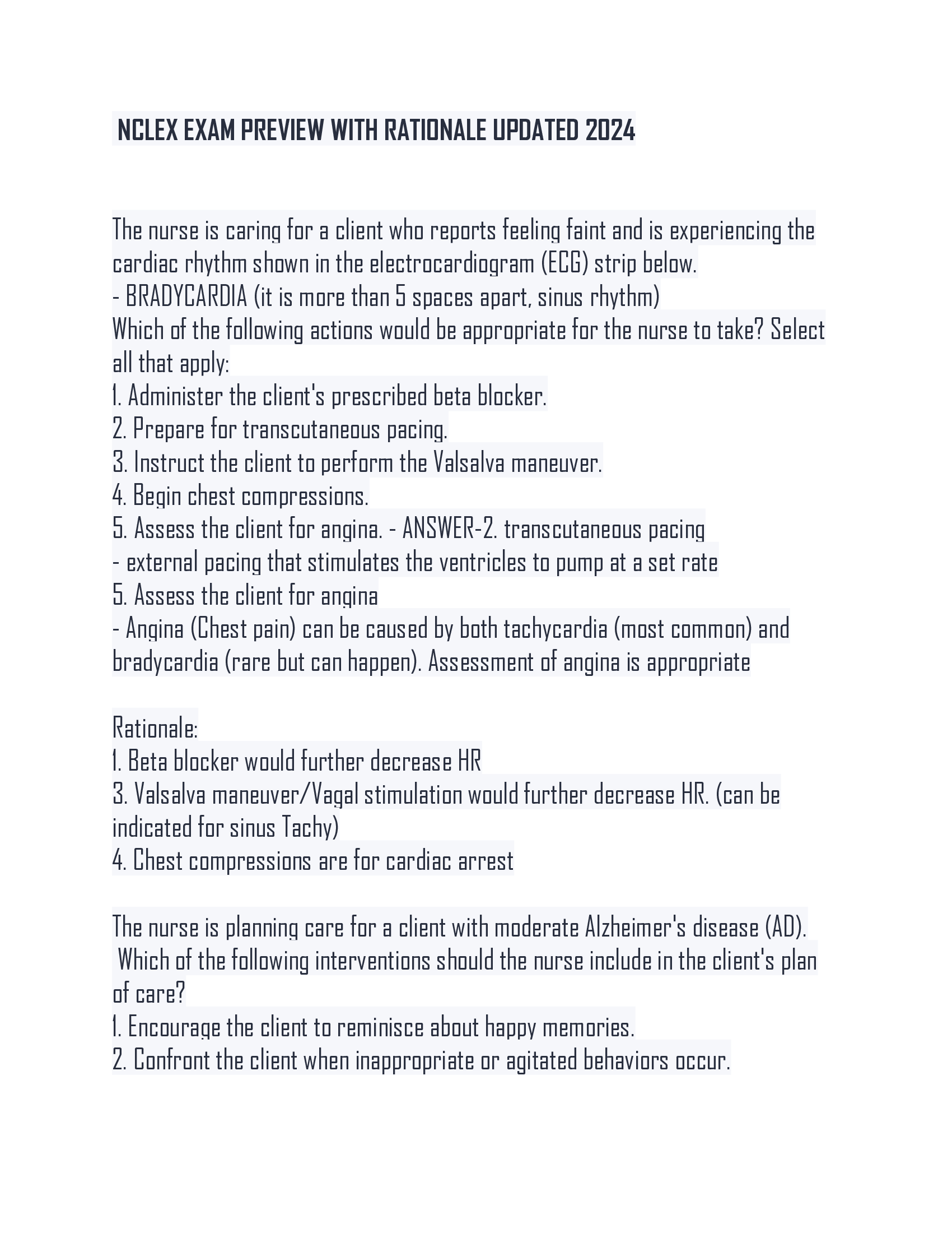 NCLEX EXAM PREVIEW WITH RATIONALE UPDATED 2024