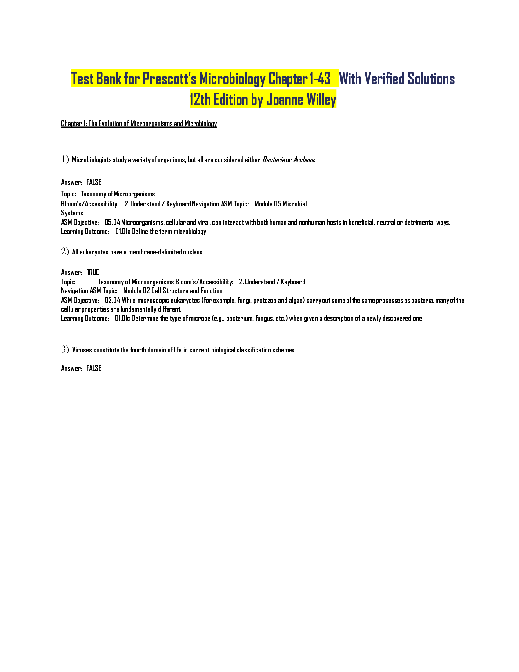 Test Bank  for Prescott's Microbiology Chapter 1-43 With Verified Solutions 12th Edition by Joanne Willey